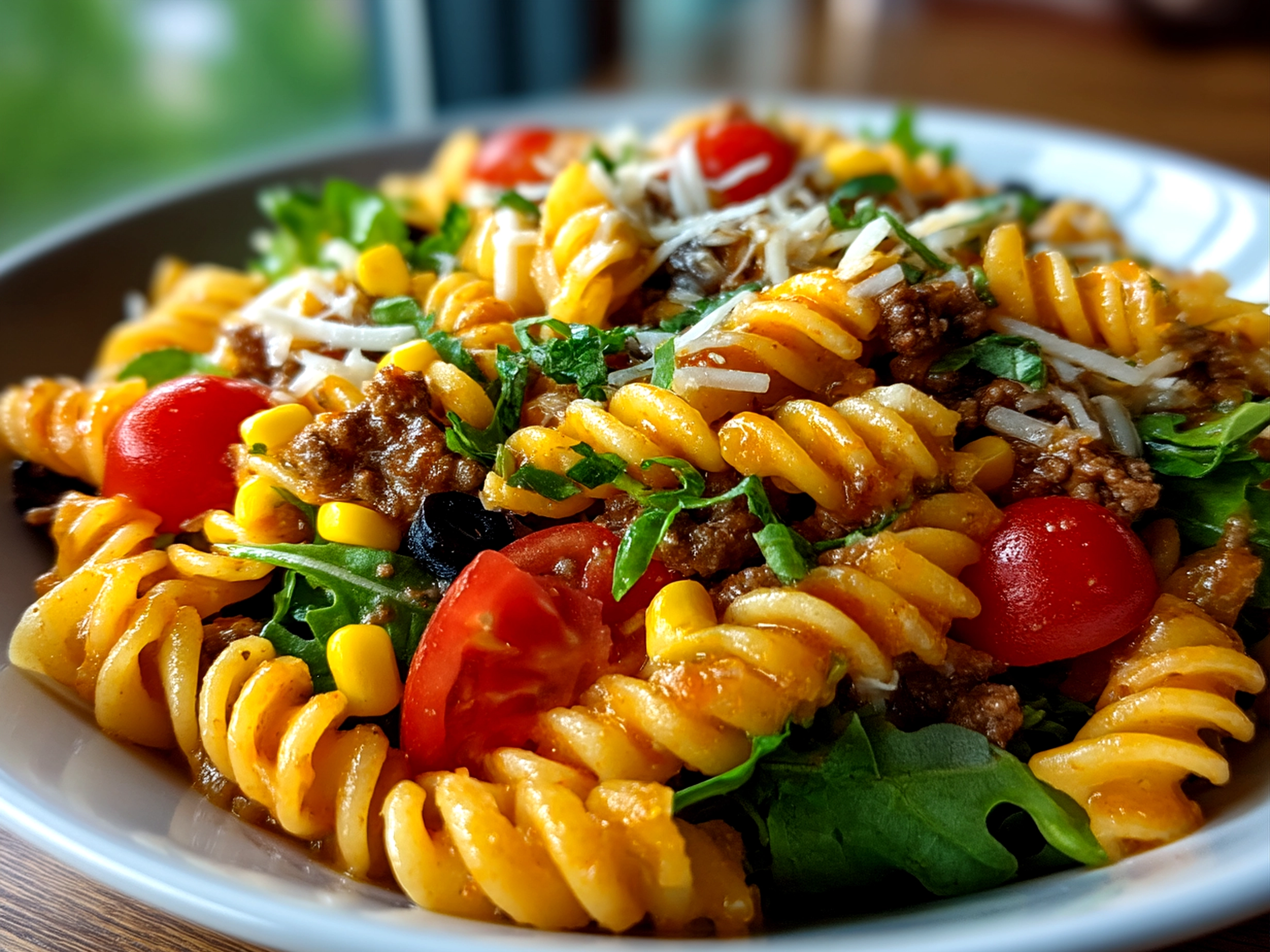 Taco Pasta Salad served in a colorful bowl garnished with herbs