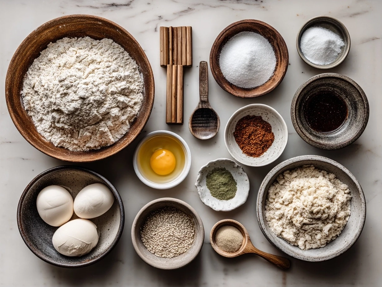 Top down raw ingredients for sourdough discard pretzel bites on marble countertop with kitchen organized mise en place