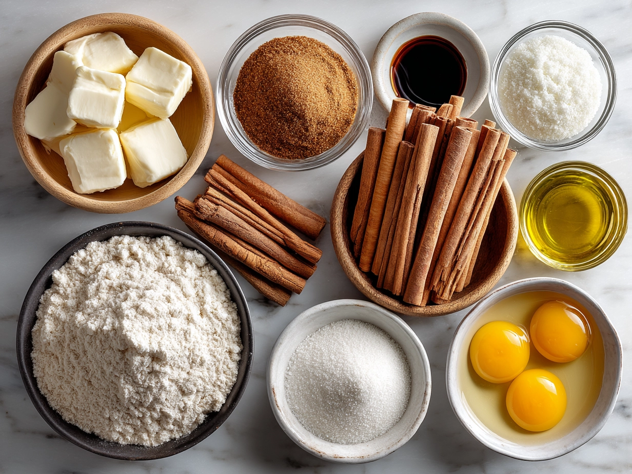 Ingredients for Tres Leches Cinnamon Rolls laid out on a kitchen table