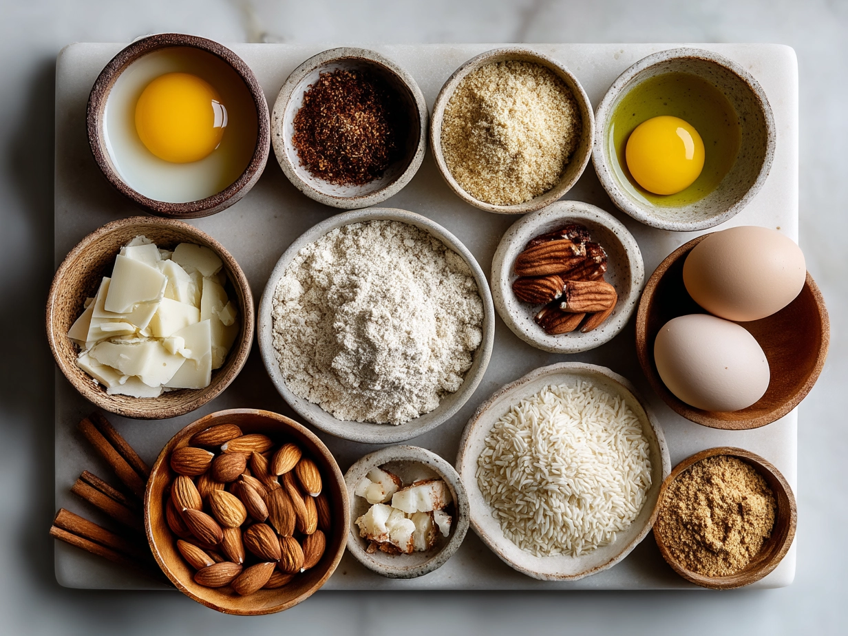 Ingredients for Triple Almond Cookies laid out on a counter