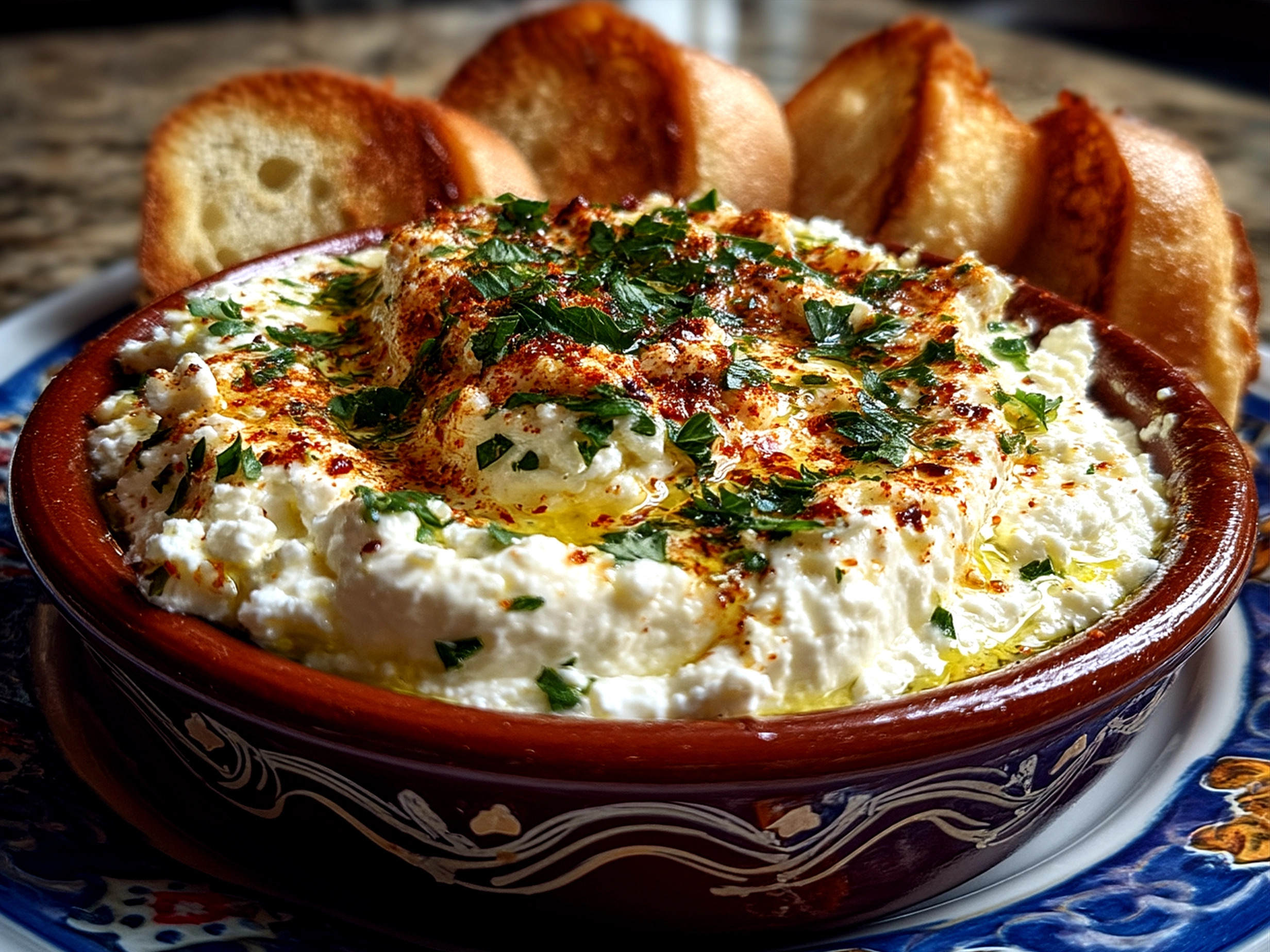 Whipped ricotta dip served with fresh bread and veggies