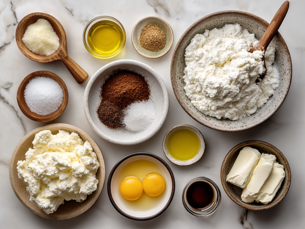 Ingredients for whipped ricotta dip displayed in bowls and spoons