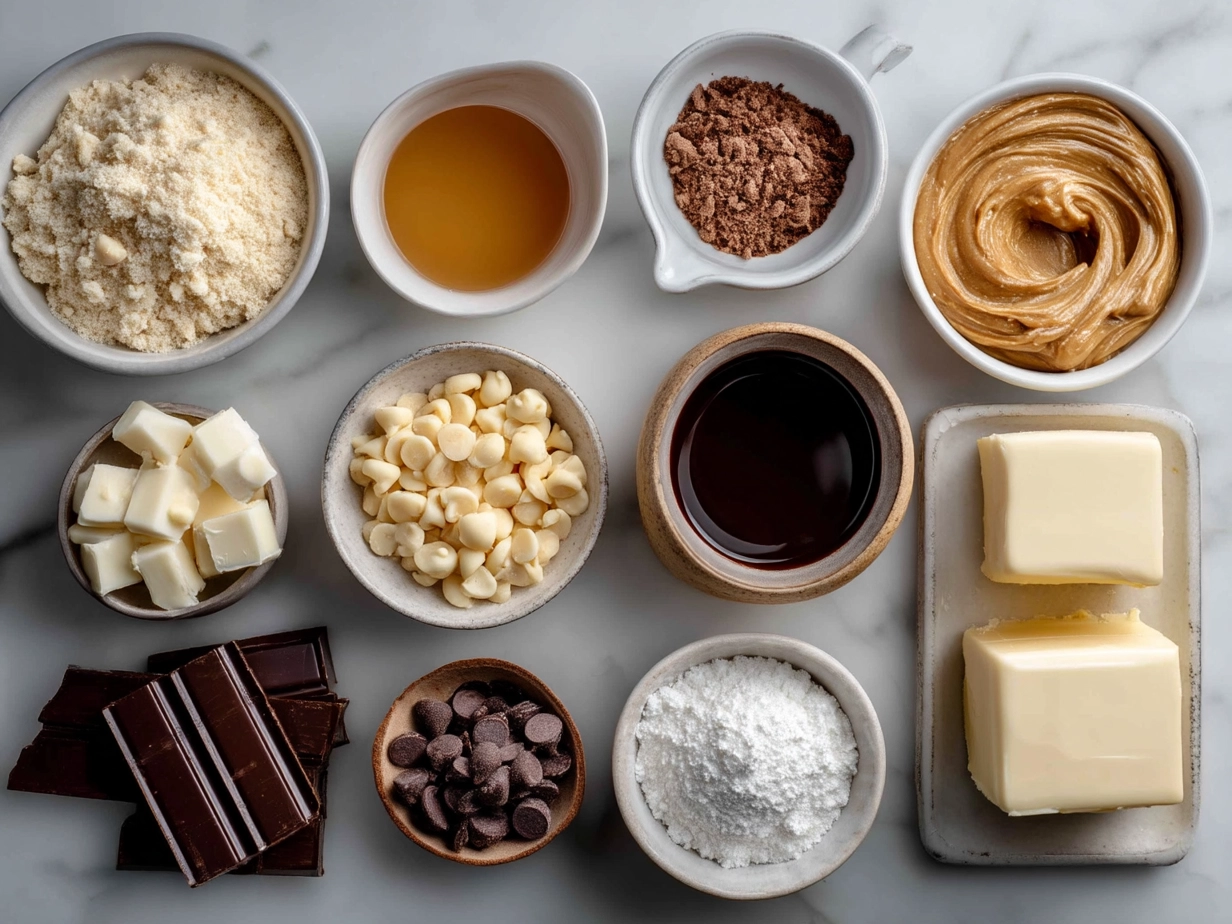 Ingredients for White Chocolate Peanut Butter Cups laid out neatly