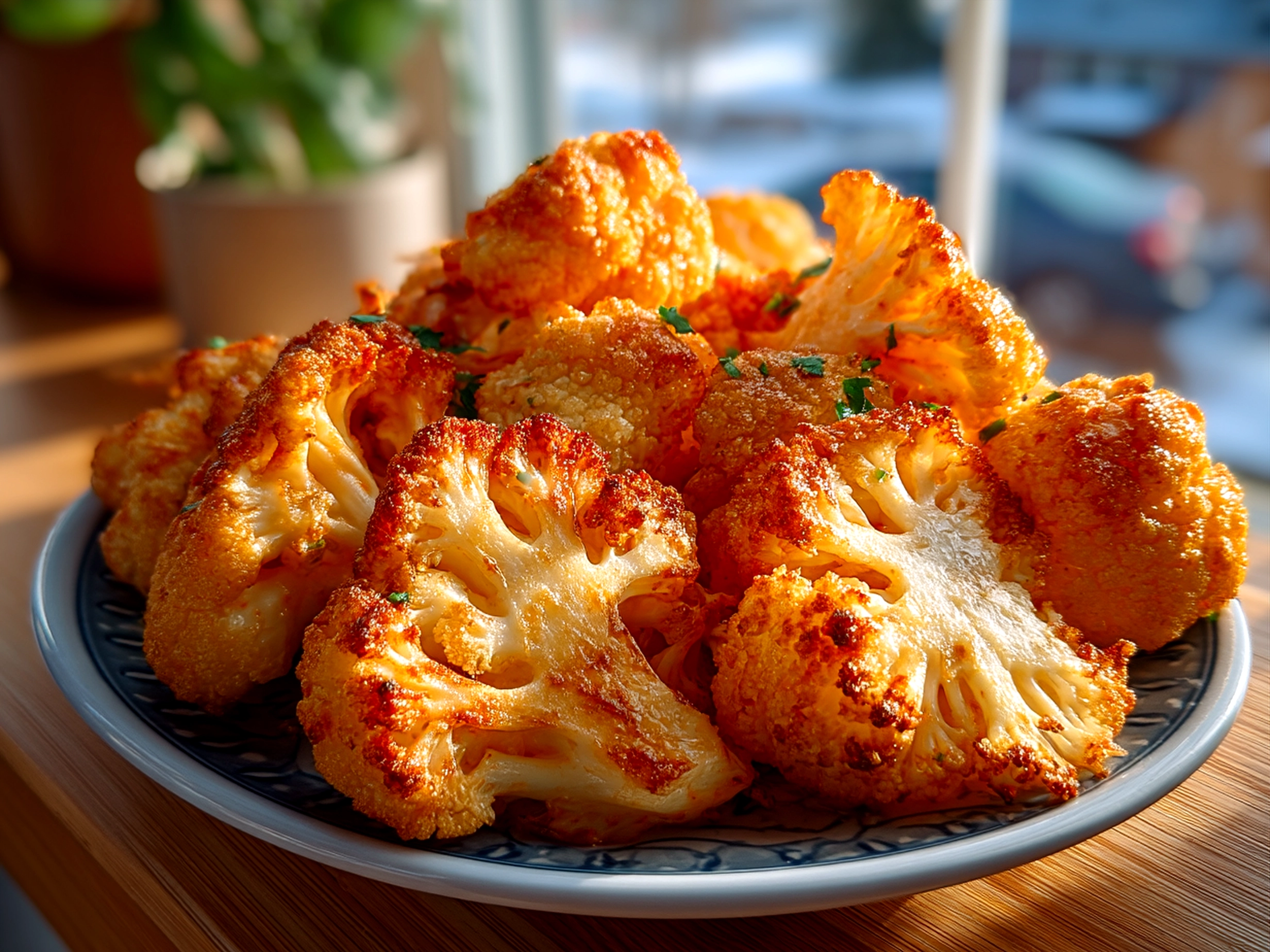 Crispy Air Fryer Buffalo Cauliflower served on rustic platter with dip and garnishes