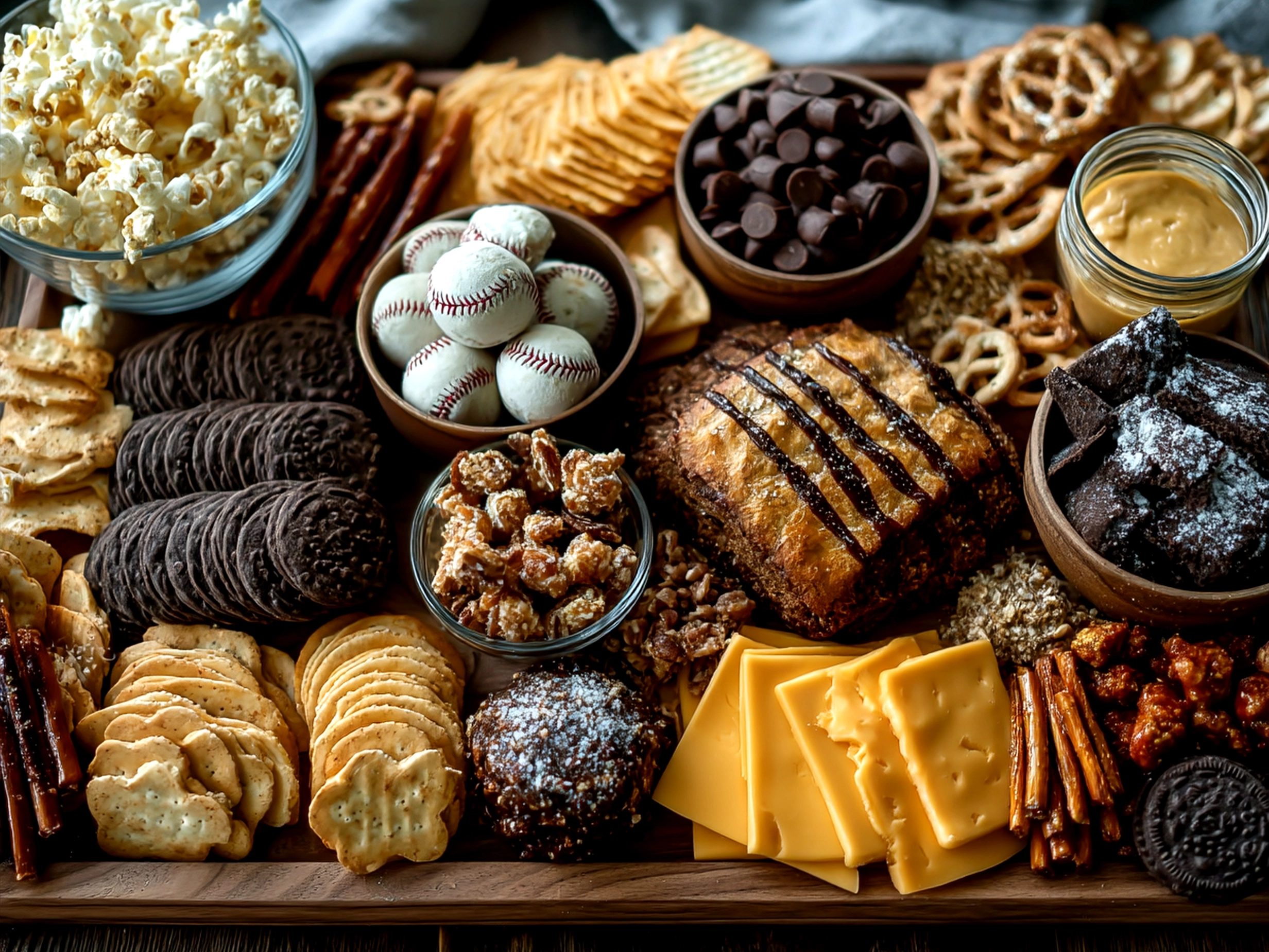 Baseball Snack Board arranged on a table with various cheeses, meats, dips and breads