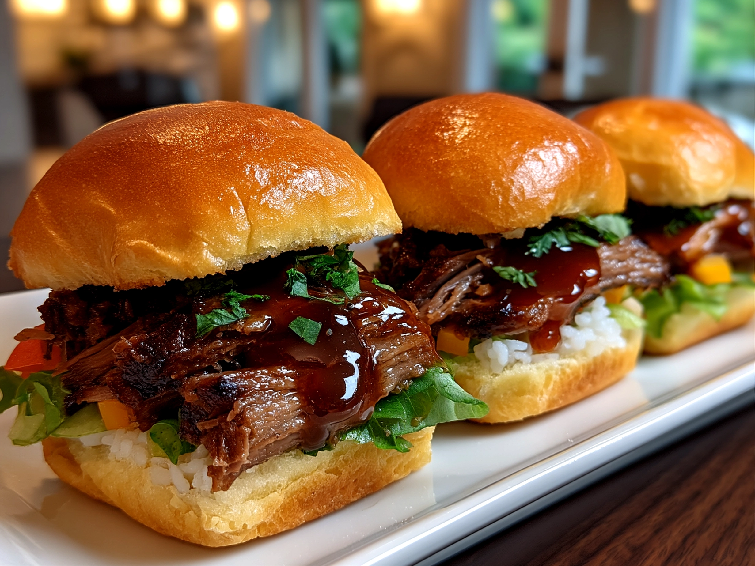 Plated BBQ Beef Brisket Sliders with pickles, coleslaw, and brioche buns