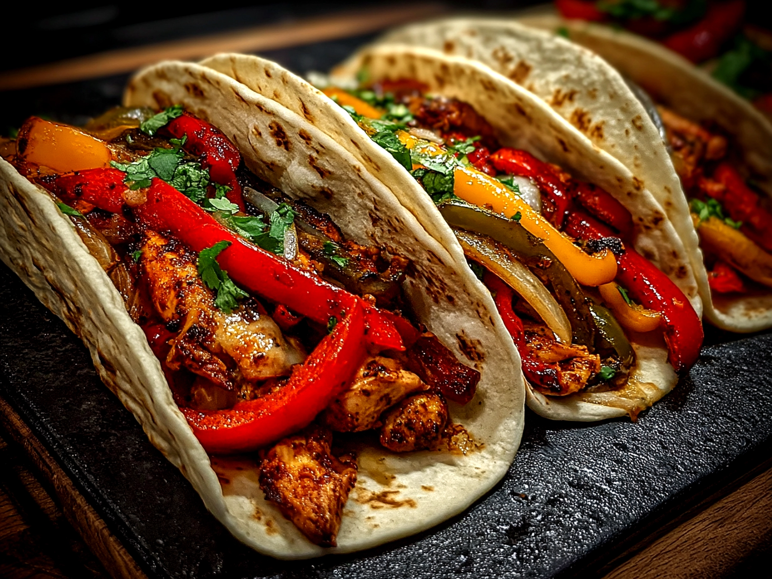 Sizzling Blackstone Chicken Fajitas served on a platter with tortillas
