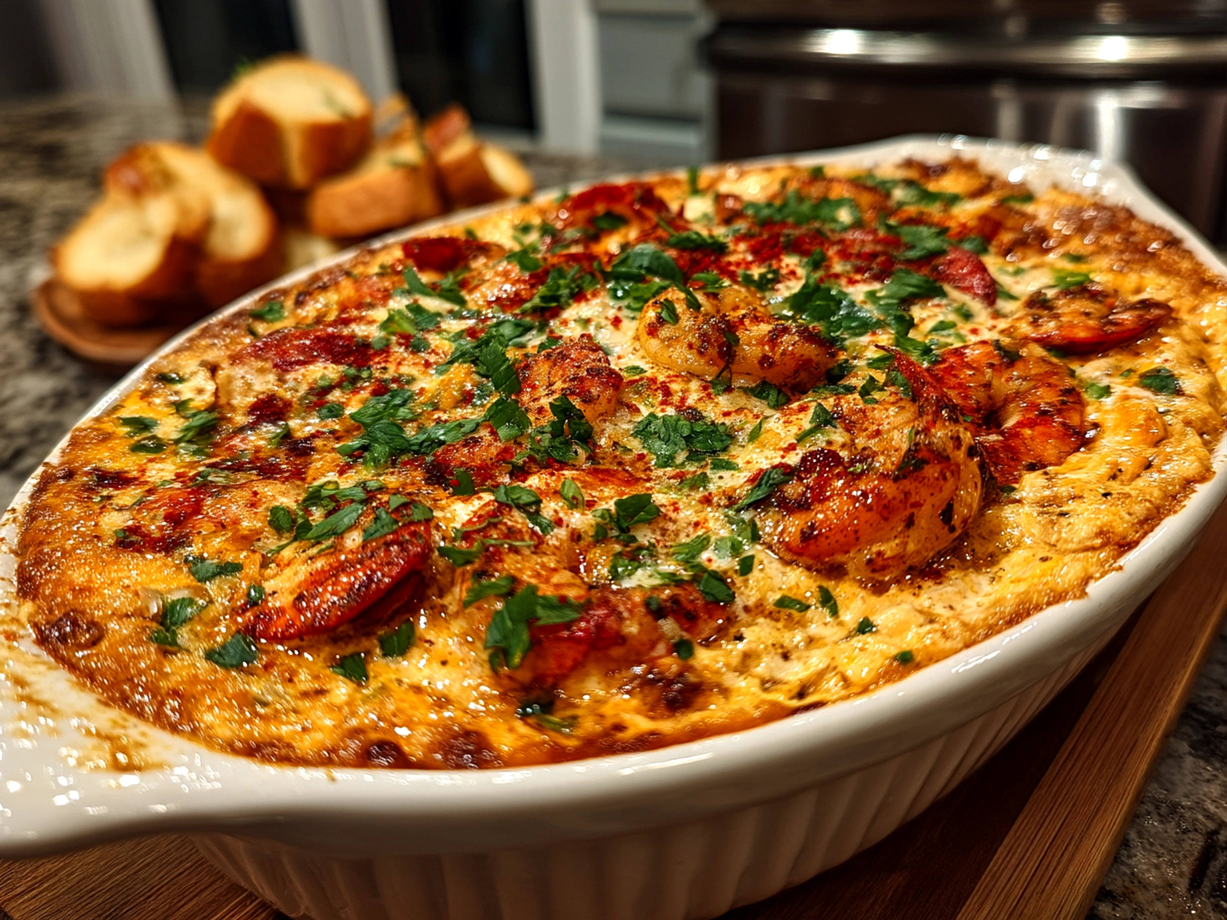 Cajun Crawfish Party Dip served in a rustic bowl garnished with fresh parsley and green onions