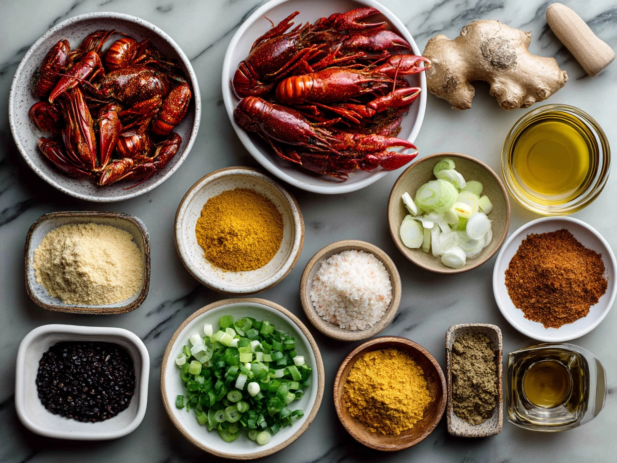 Ingredients laid out for Cajun Crawfish Party Dip including crawfish tails, cream cheese, sour cream, cheddar cheese, bell pepper and seasonings