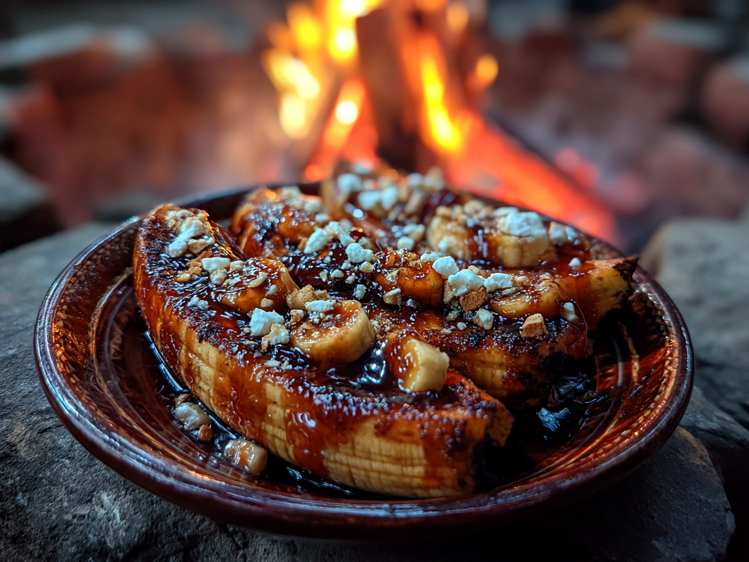 Served campfire banana boat with melted chocolate and toasted marshmallows
