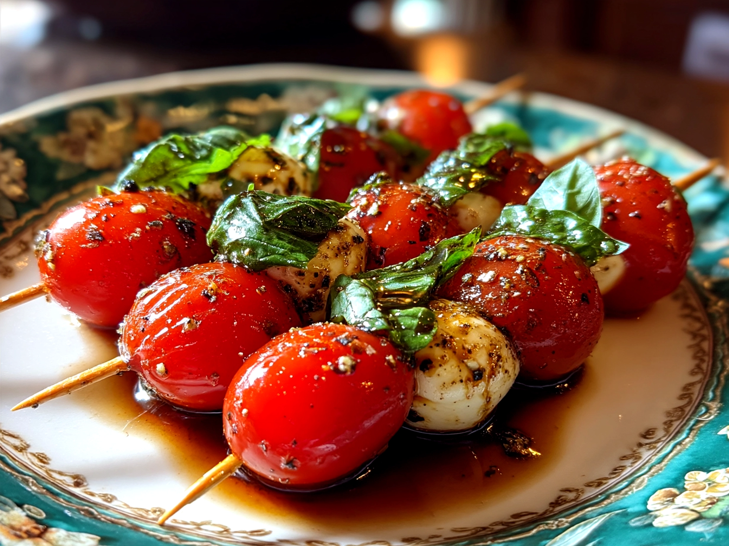 Beautifully arranged caprese skewers served on a wooden board with fresh basil garnish