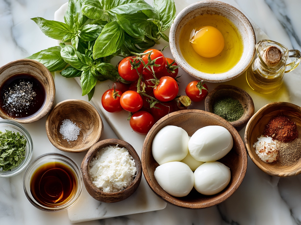 Fresh ingredients for caprese skewers: cherry tomatoes, mozzarella balls, basil leaves, balsamic glaze