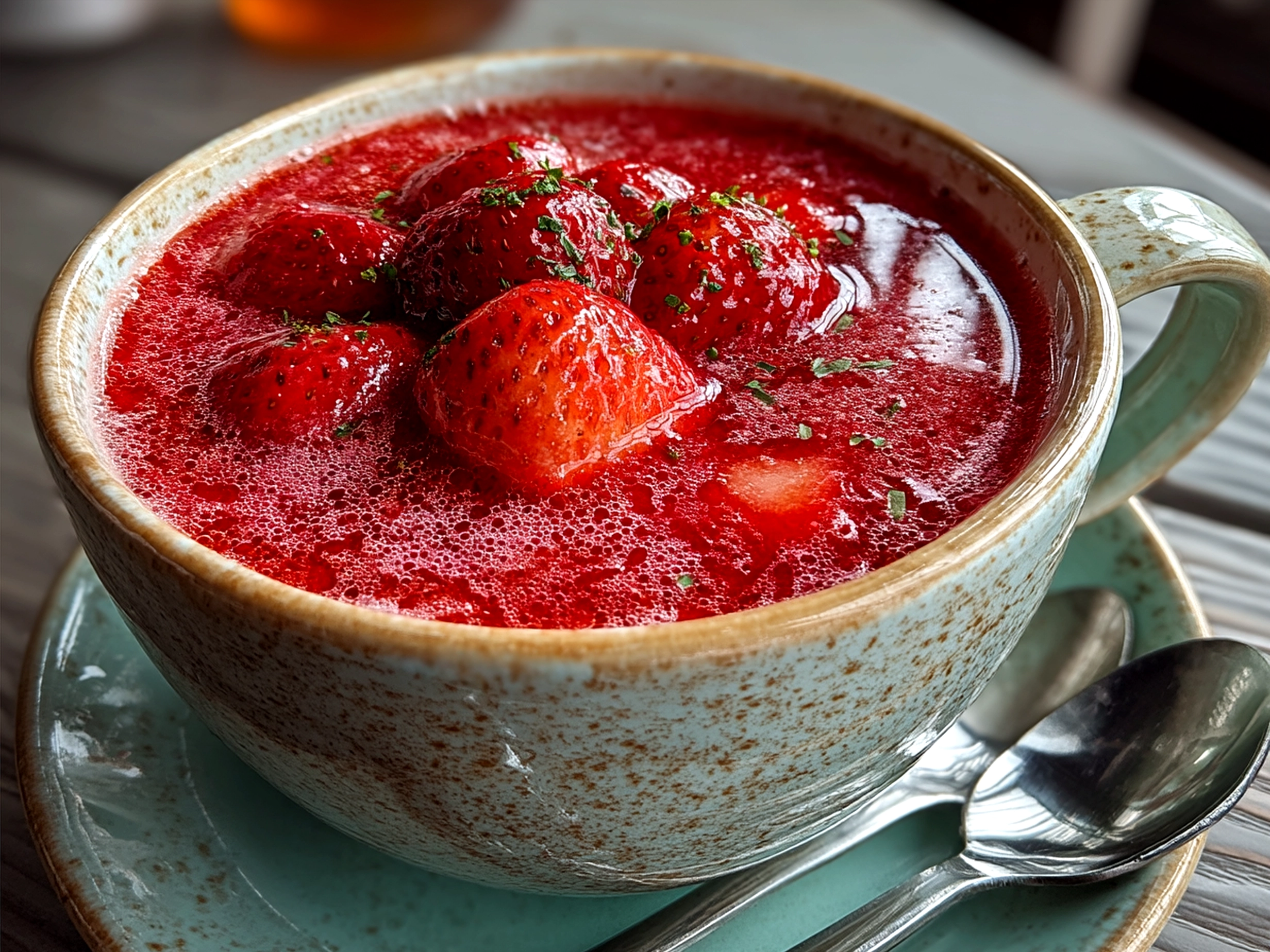 Chilled strawberry soup garnished with fresh mint leaves, served in glass bowls