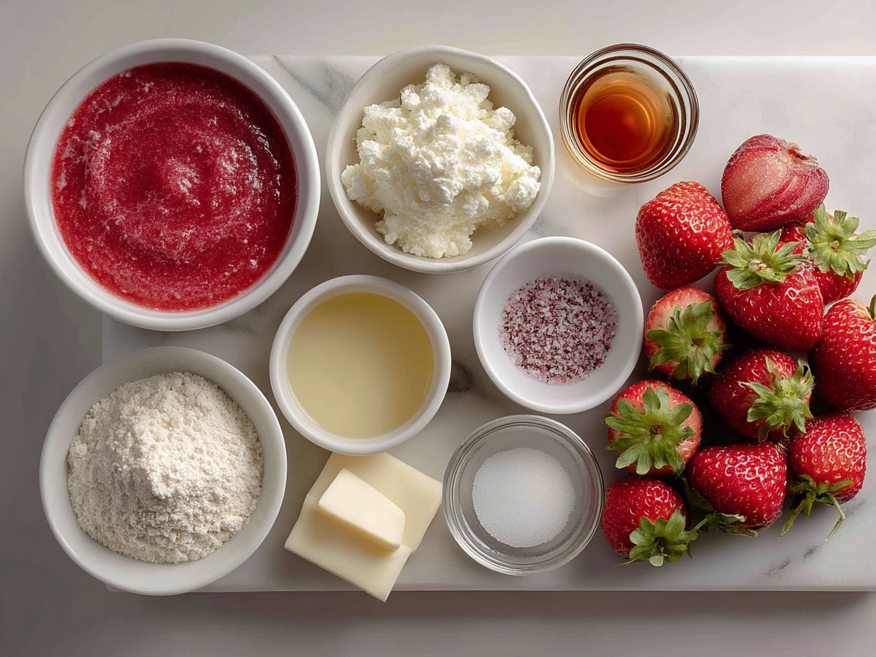 Ingredients for chilled strawberry soup including fresh strawberries, yogurt, honey, lemon, and mint
