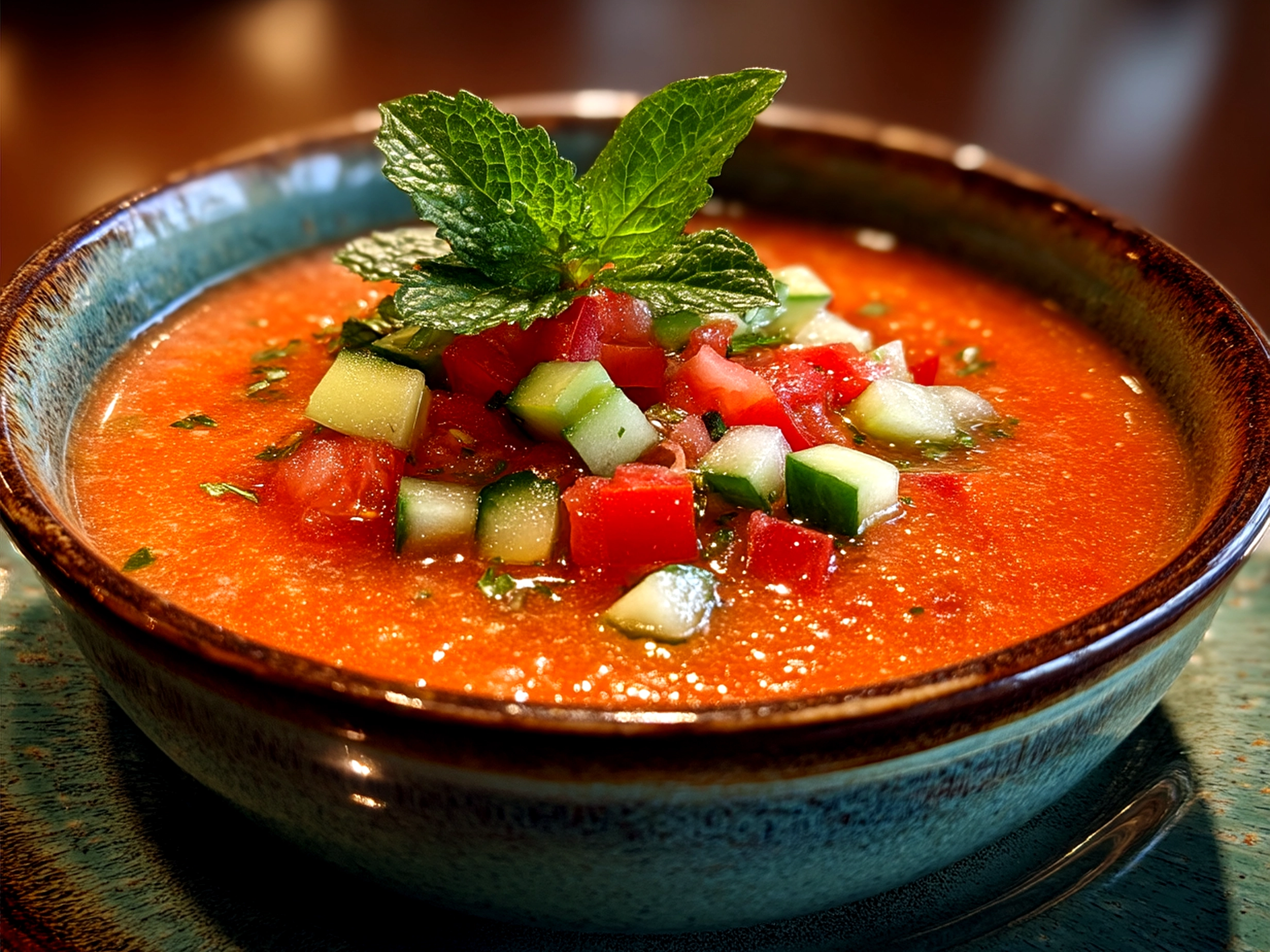Bowl of chilled summer gazpacho soup garnished and ready to serve