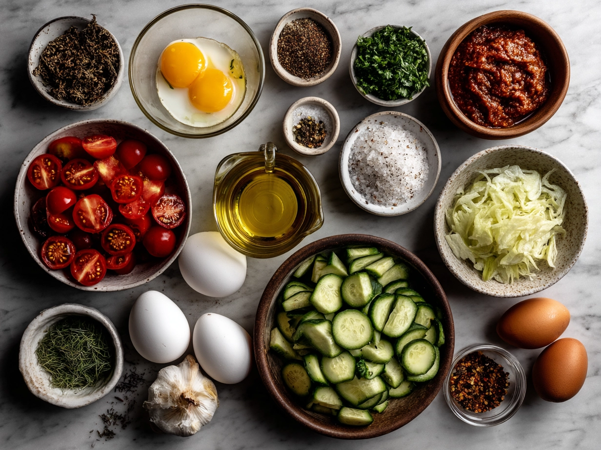 Fresh ingredients including tomatoes, cucumbers, bell peppers, and garlic for making chilled summer gazpacho