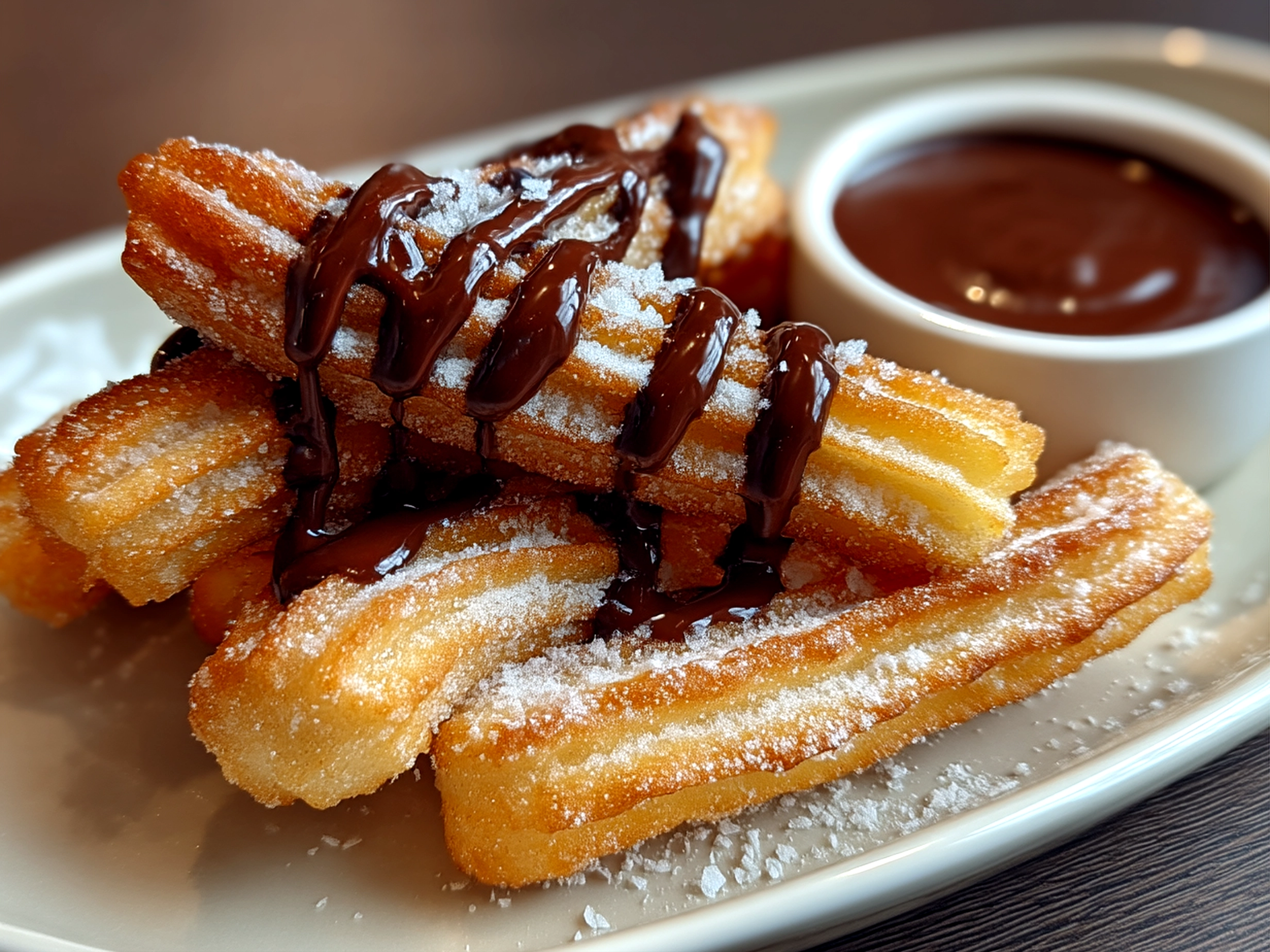 Served churros coated in cinnamon sugar with chocolate dipping sauce in a small bowl