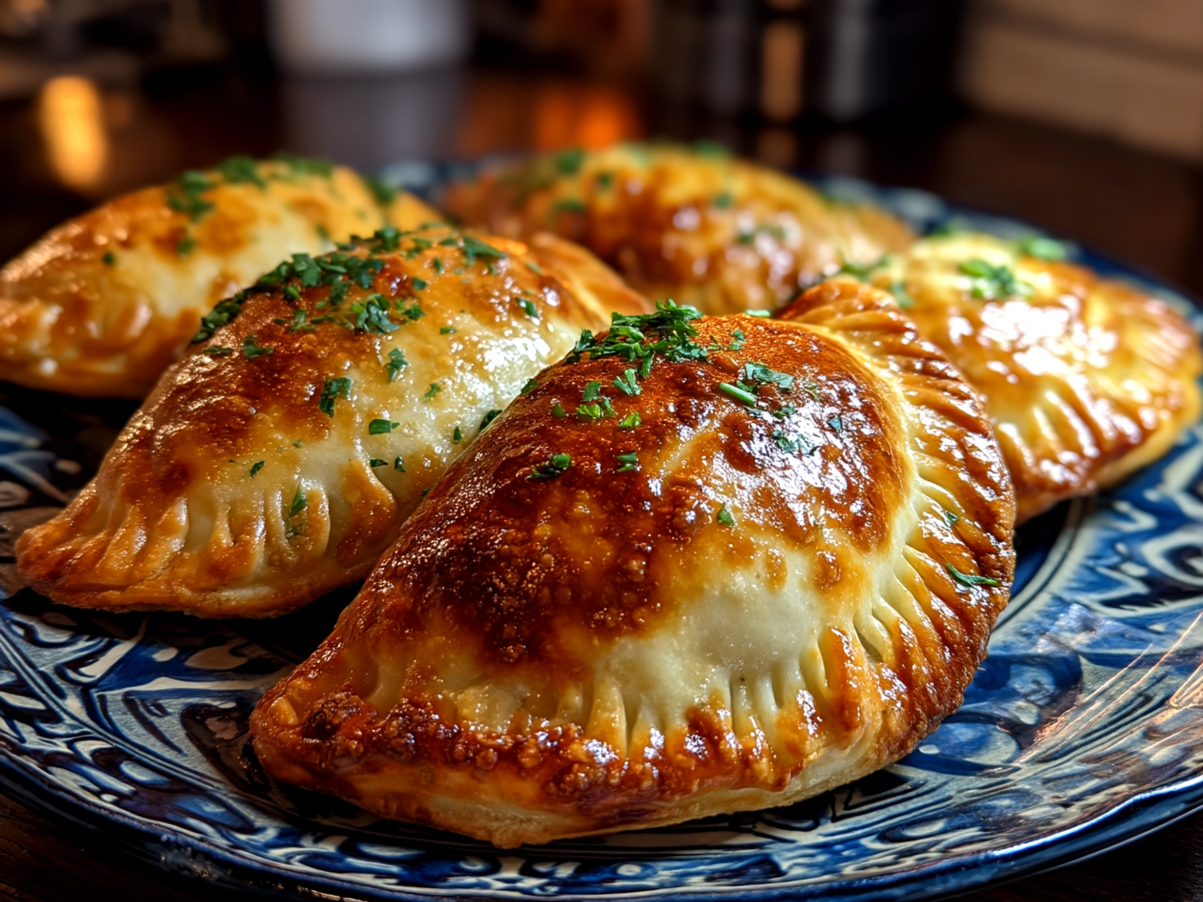 Golden-crisp Cinco de Mayo Empanadas served on a colorful platter with lime and cilantro garnish