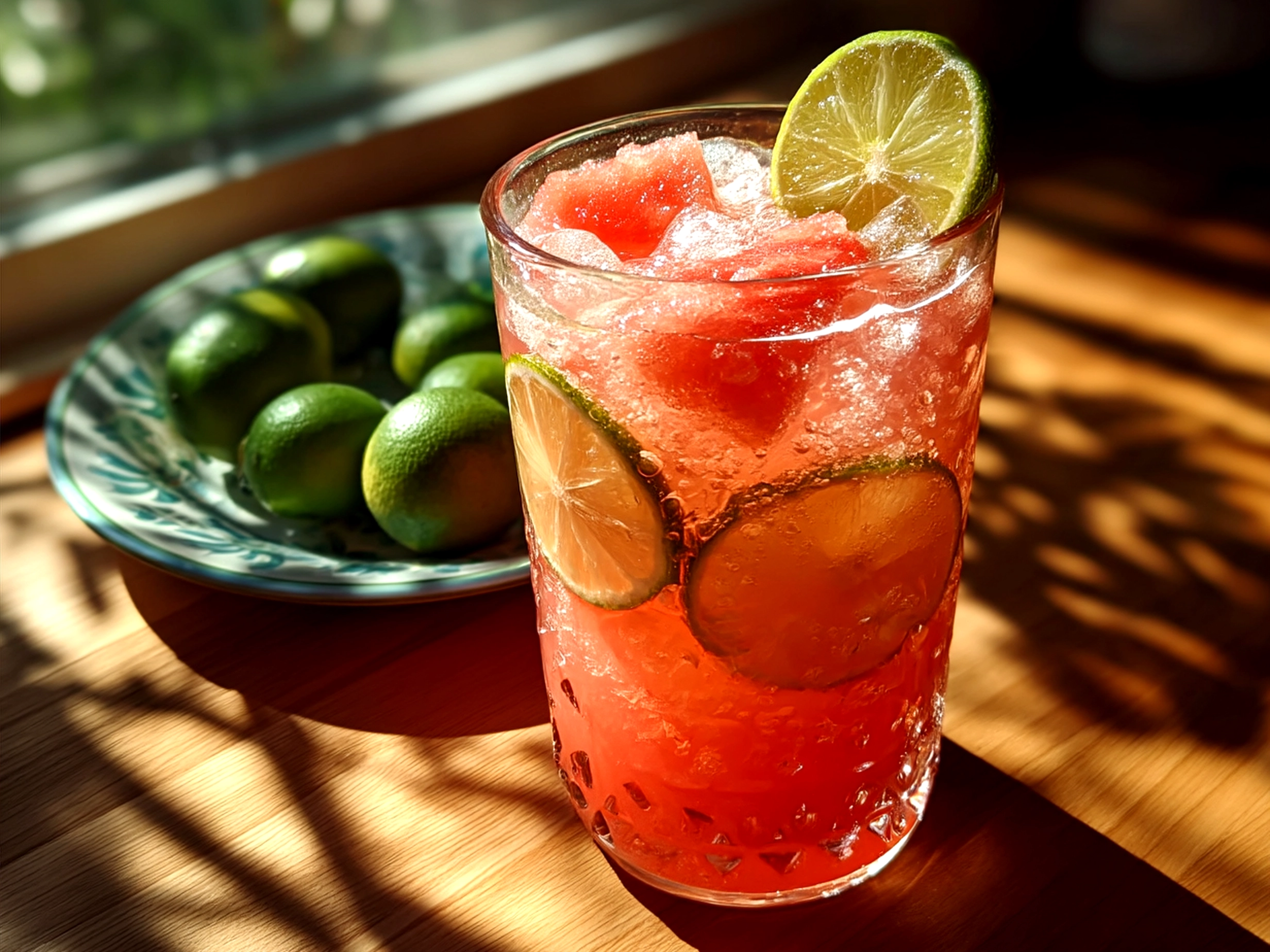 Serving glass of Cinco de Mayo Watermelon Agua Fresca garnished with lime and mint