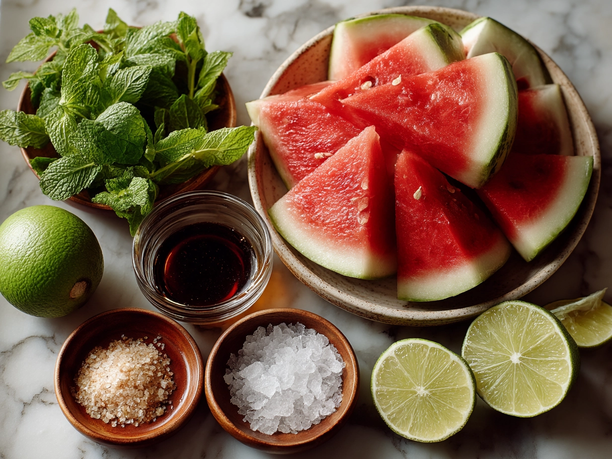 Ingredients for Cinco de Mayo Watermelon Agua Fresca laid out on a counter