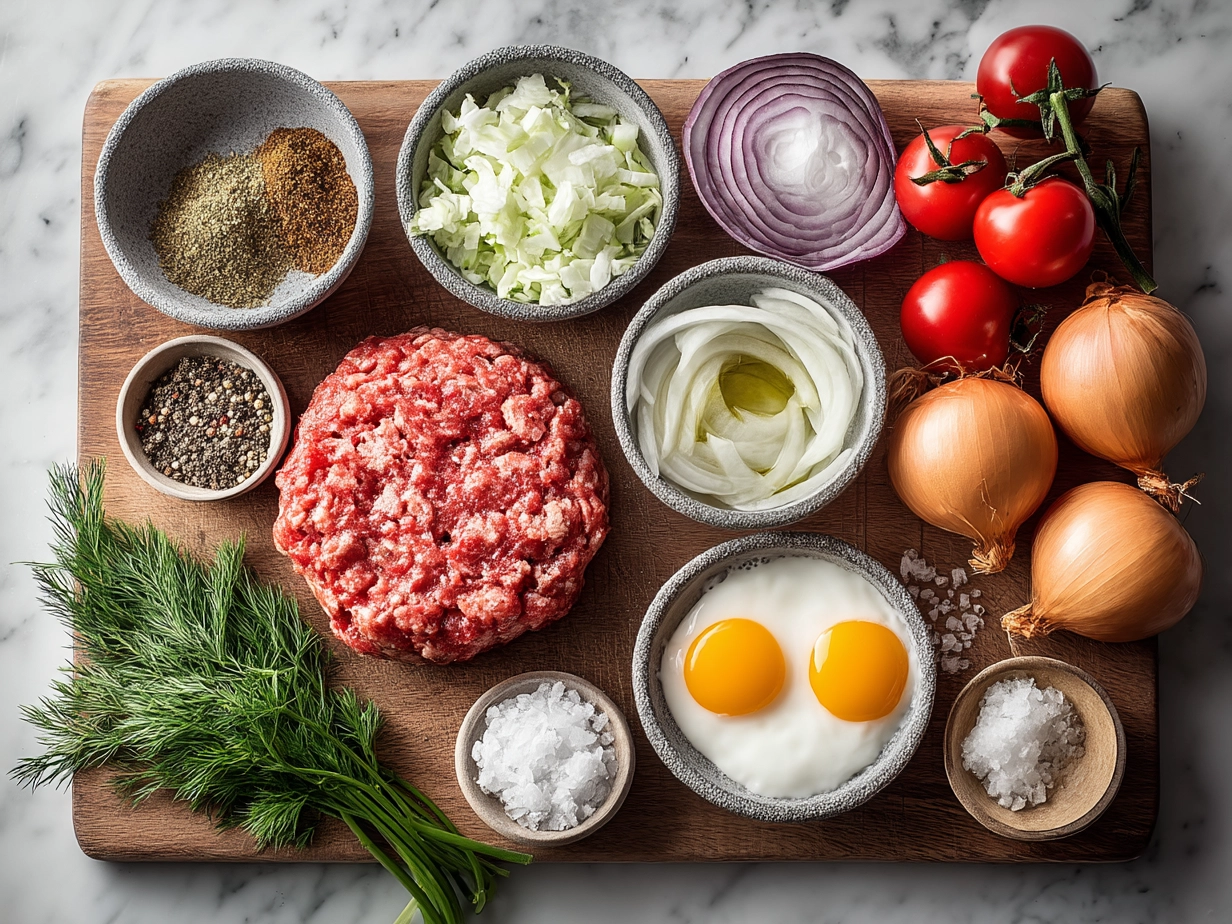 Ingredients for Classic Homemade Burgers on a wooden table