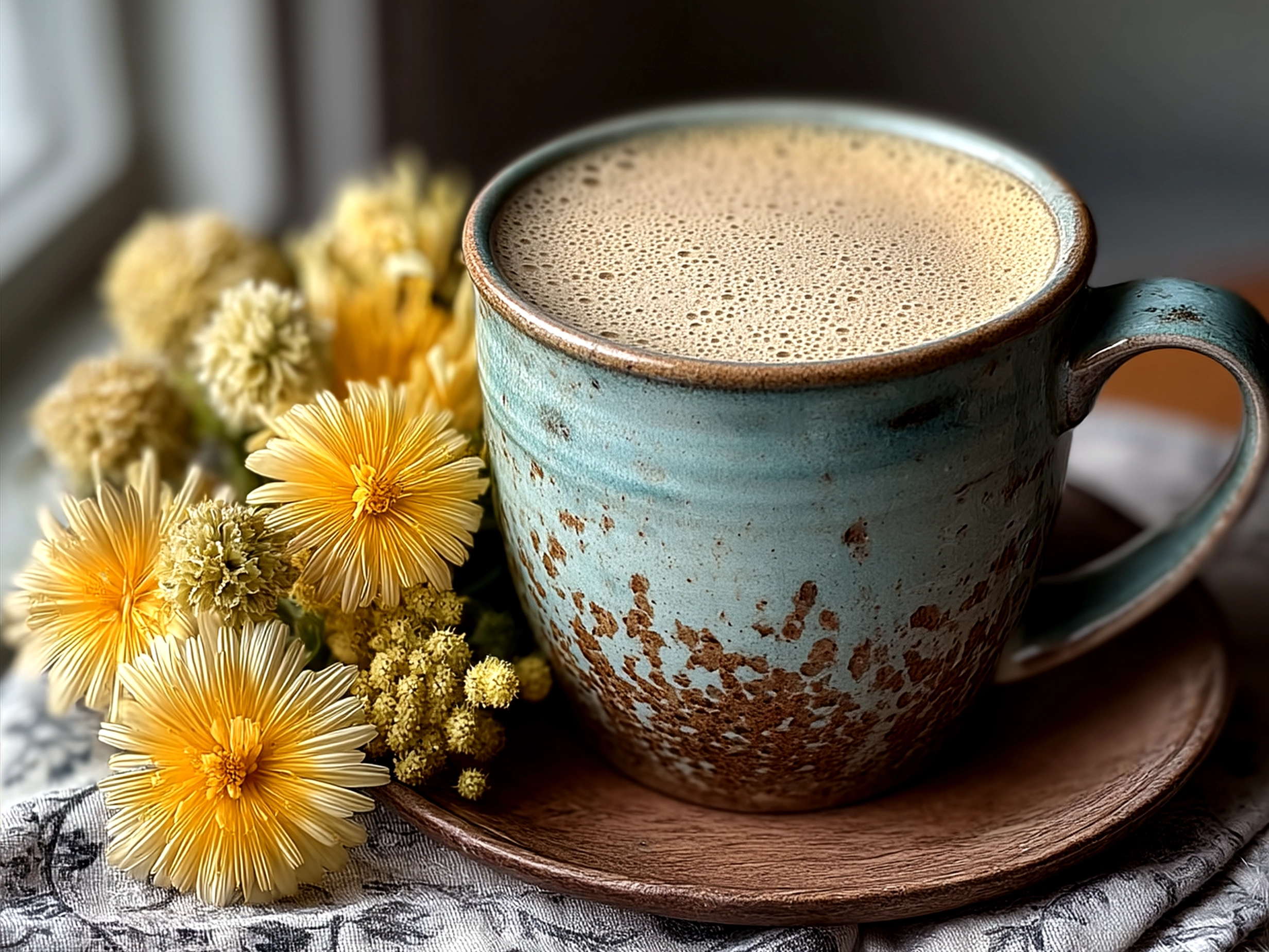 Creamy dandelion tea latte served in a rustic ceramic mug