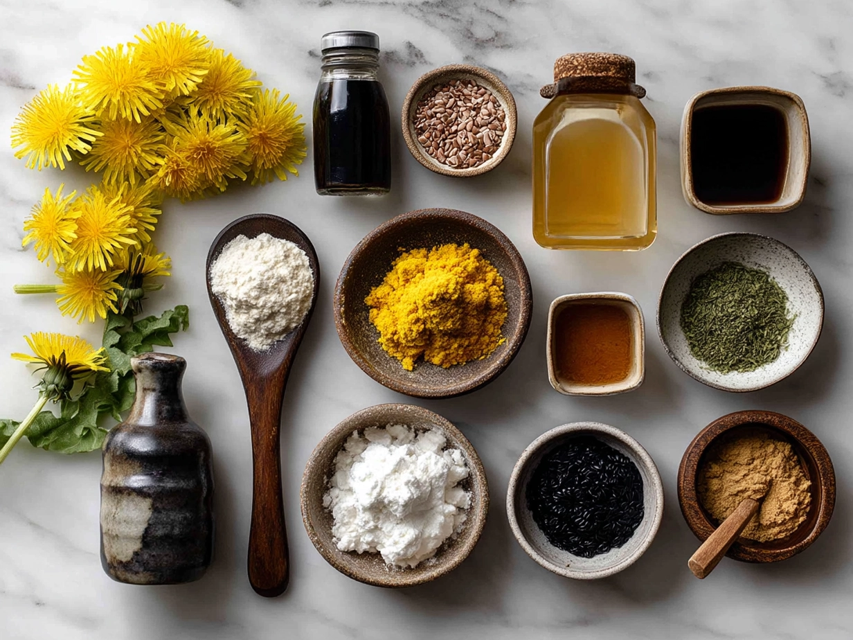 Ingredients for making a creamy dandelion tea latte