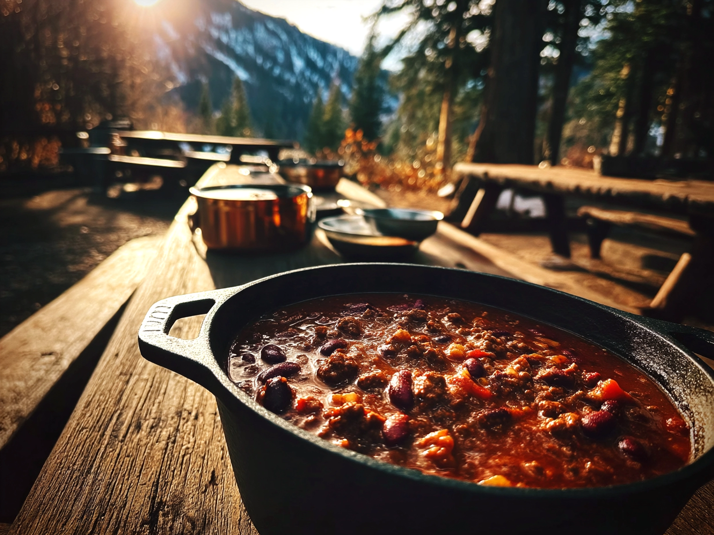 A bowl of Dutch Oven Camping Chili garnished with shredded cheddar, sour cream, green onions, and jalapeños