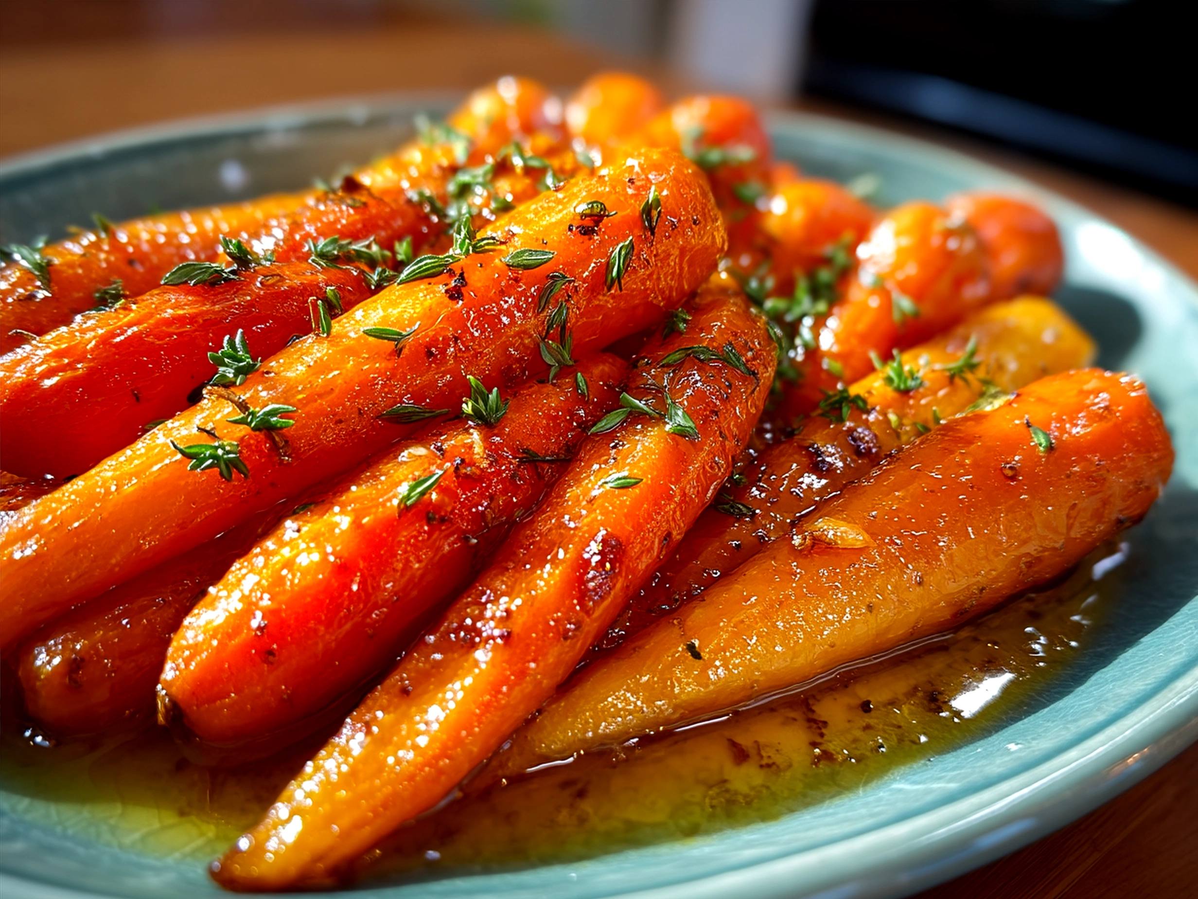 Beautifully plated Easy Apricot Glazed Carrots garnished with herbs and toasted nuts