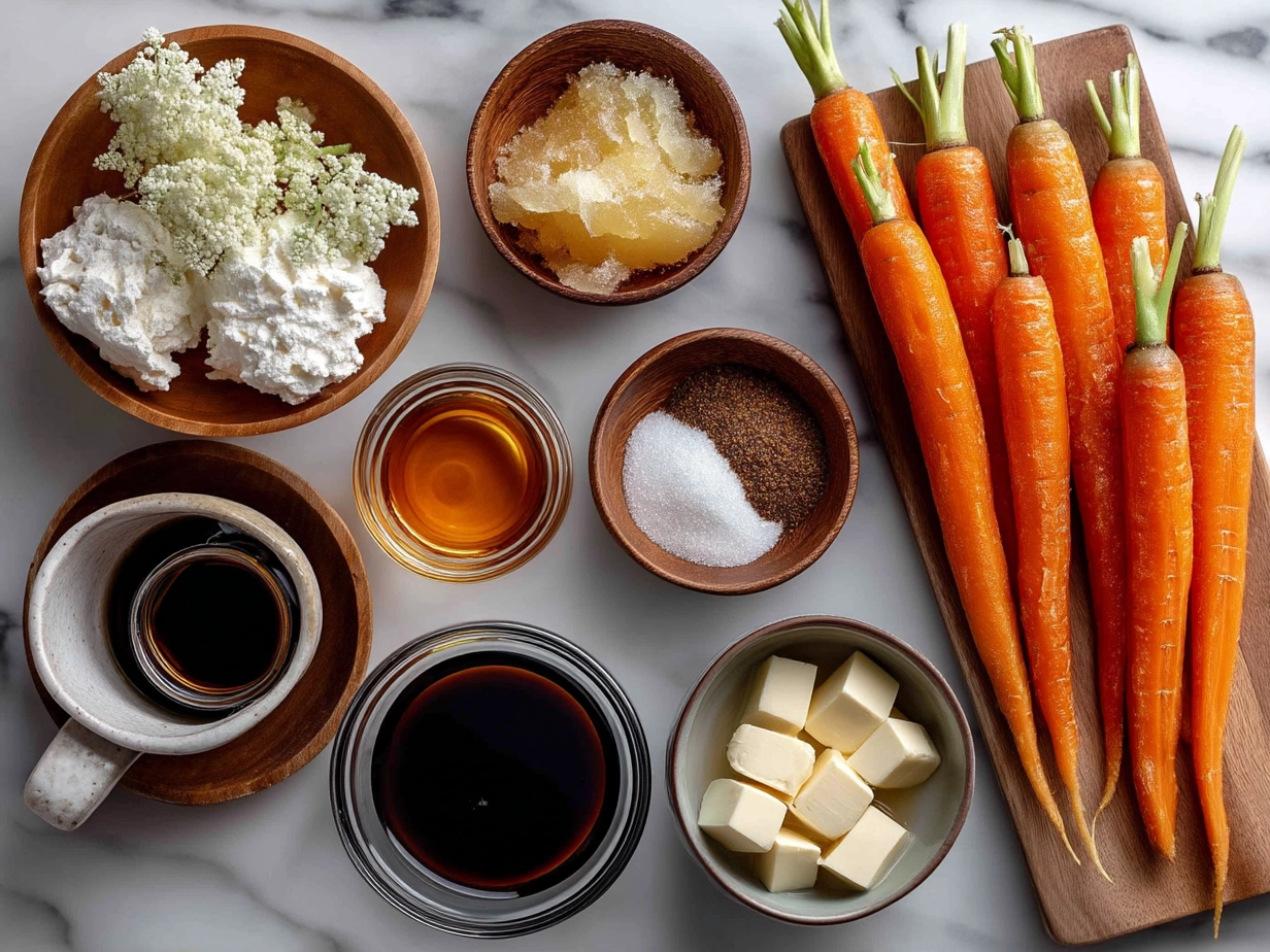 Ingredients for Easy Apricot Glazed Carrots including carrots, apricot preserves, butter, brown sugar, lemon juice, and spices