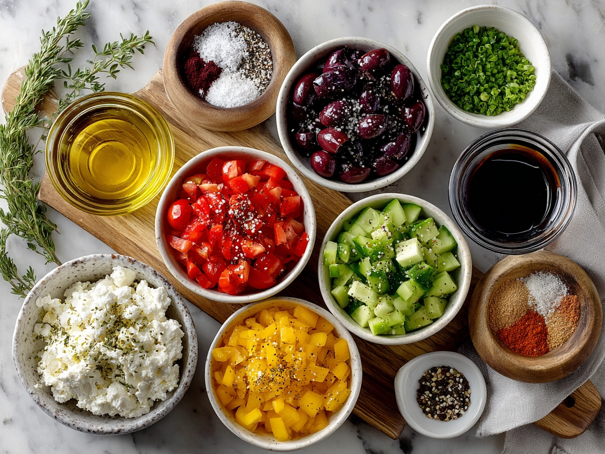 Ingredients for Easy Summer Appetizers including tomatoes, mozzarella, cucumbers, peaches, and herbs