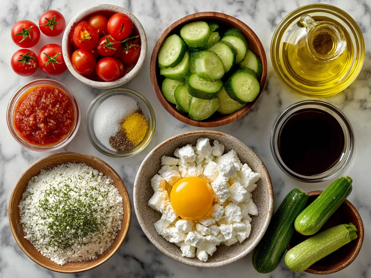 Ingredients for an easy summer dinner for a crowd including chicken thighs, couscous, cucumbers, cherry tomatoes, olives, onions, herbs, garlic, lemon, and spices