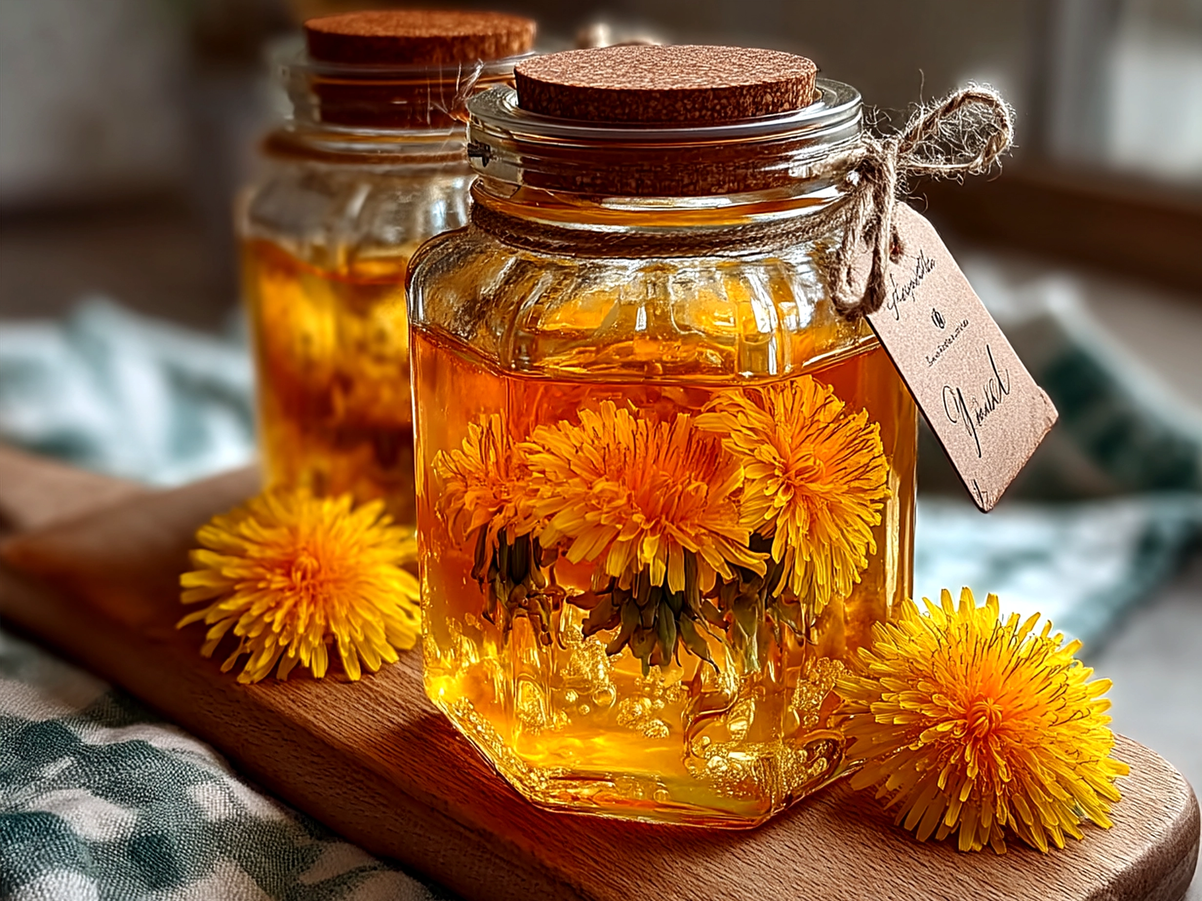 Serving suggestions of foraged dandelion honey drizzled on various foods