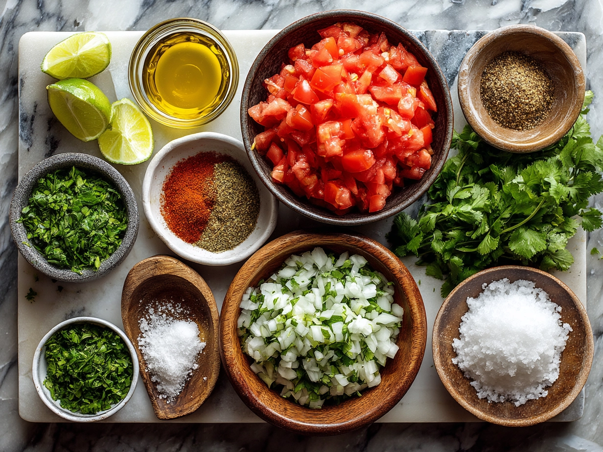 Ingredients for making Fresh Pico de Gallo laid out on a surface