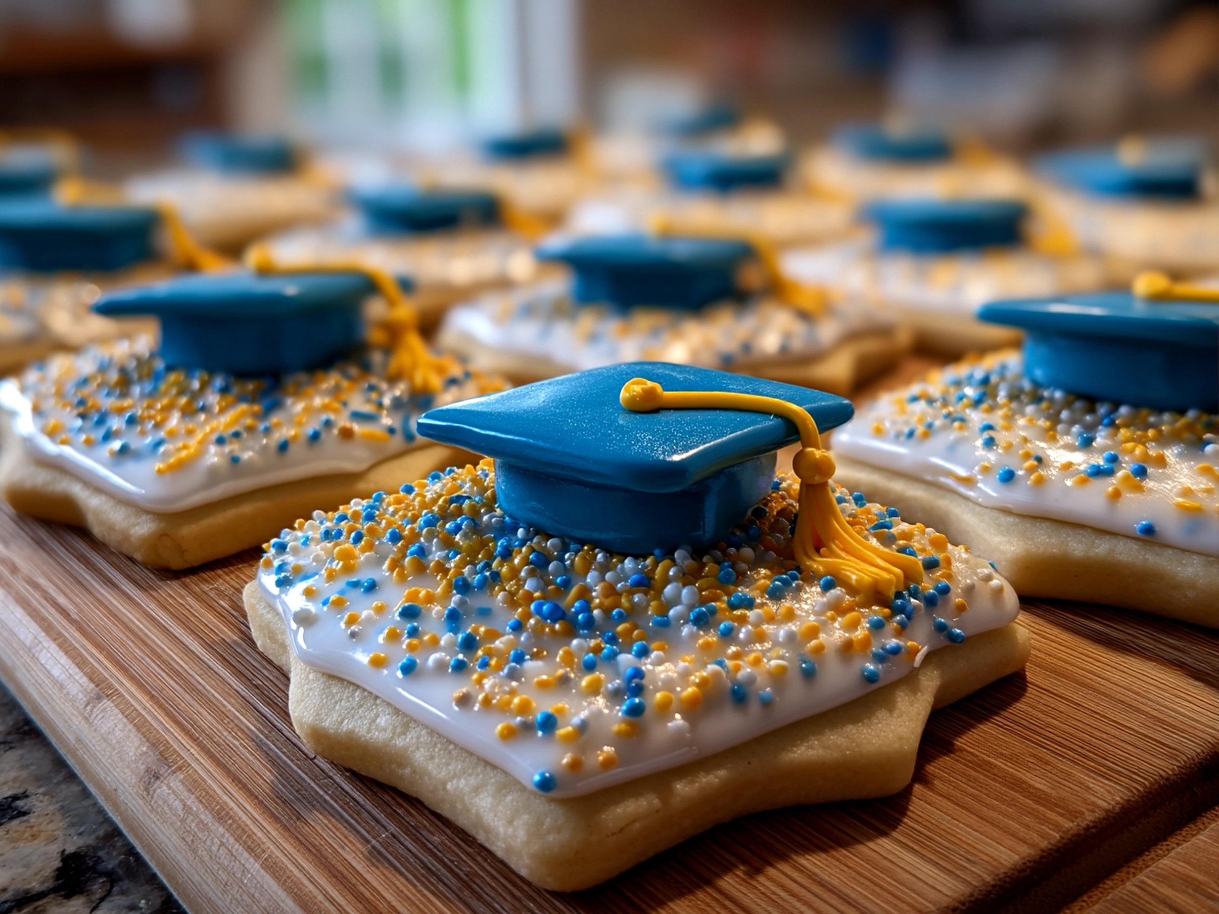 Beautifully decorated graduation party cookies displayed on a tiered stand