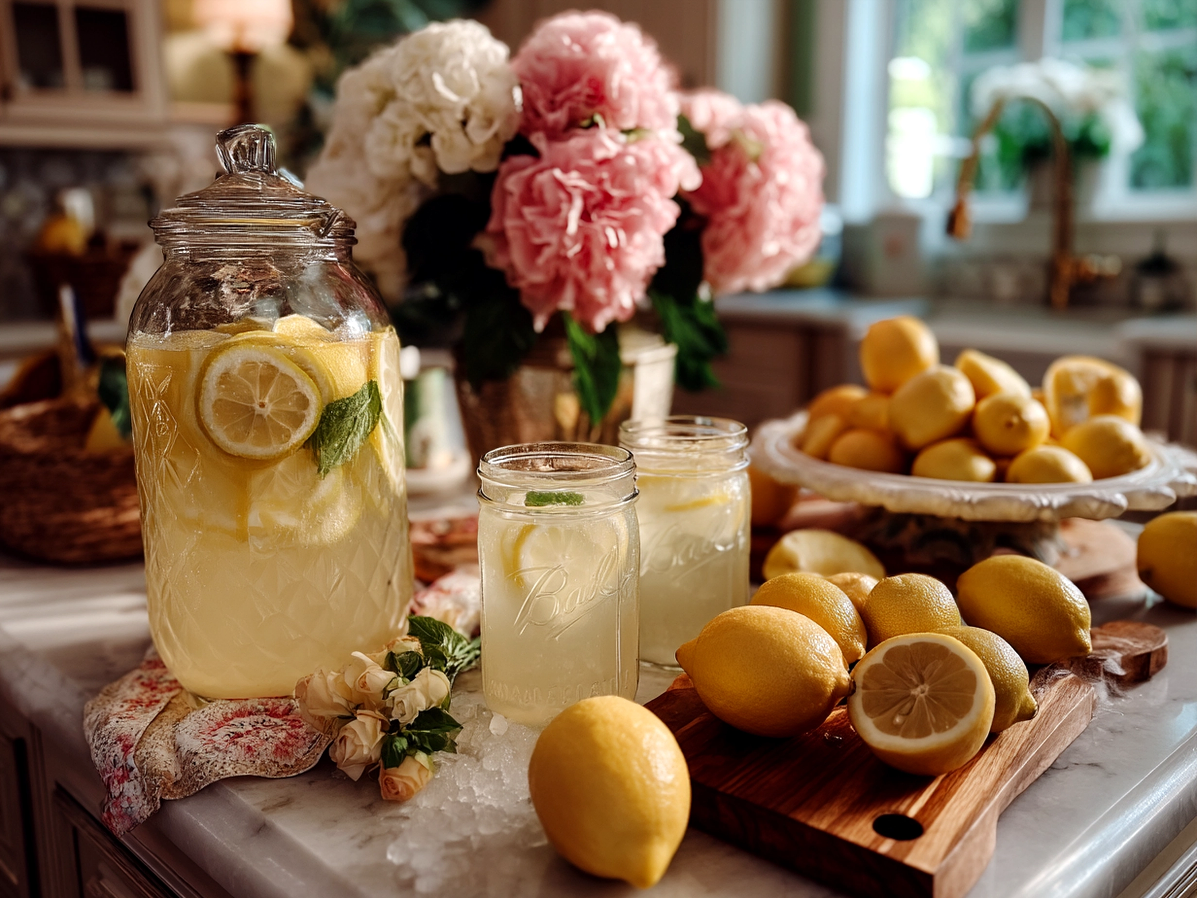 Charming mason jars with lemonade garnished with fresh berries, lemon slices, and herbs