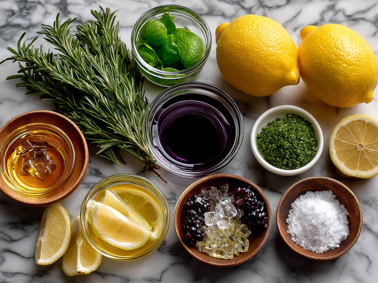 Ingredients for Graduation Lemonade Party Bar laid out including lemons, strawberries, mint, sugar, and water