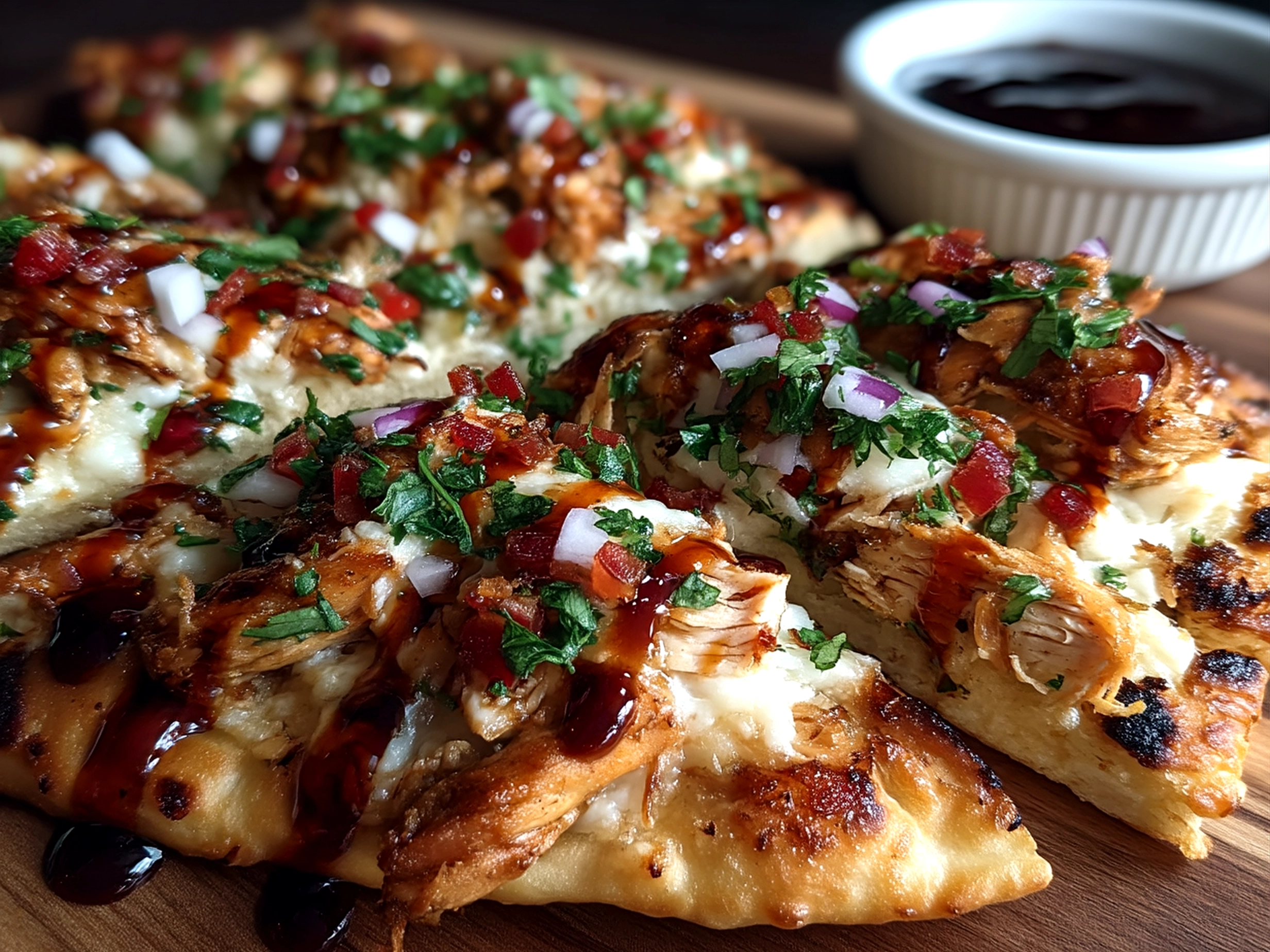 Beautifully served grilled chicken flatbread on a rustic wooden board garnished with herbs and fresh vegetables