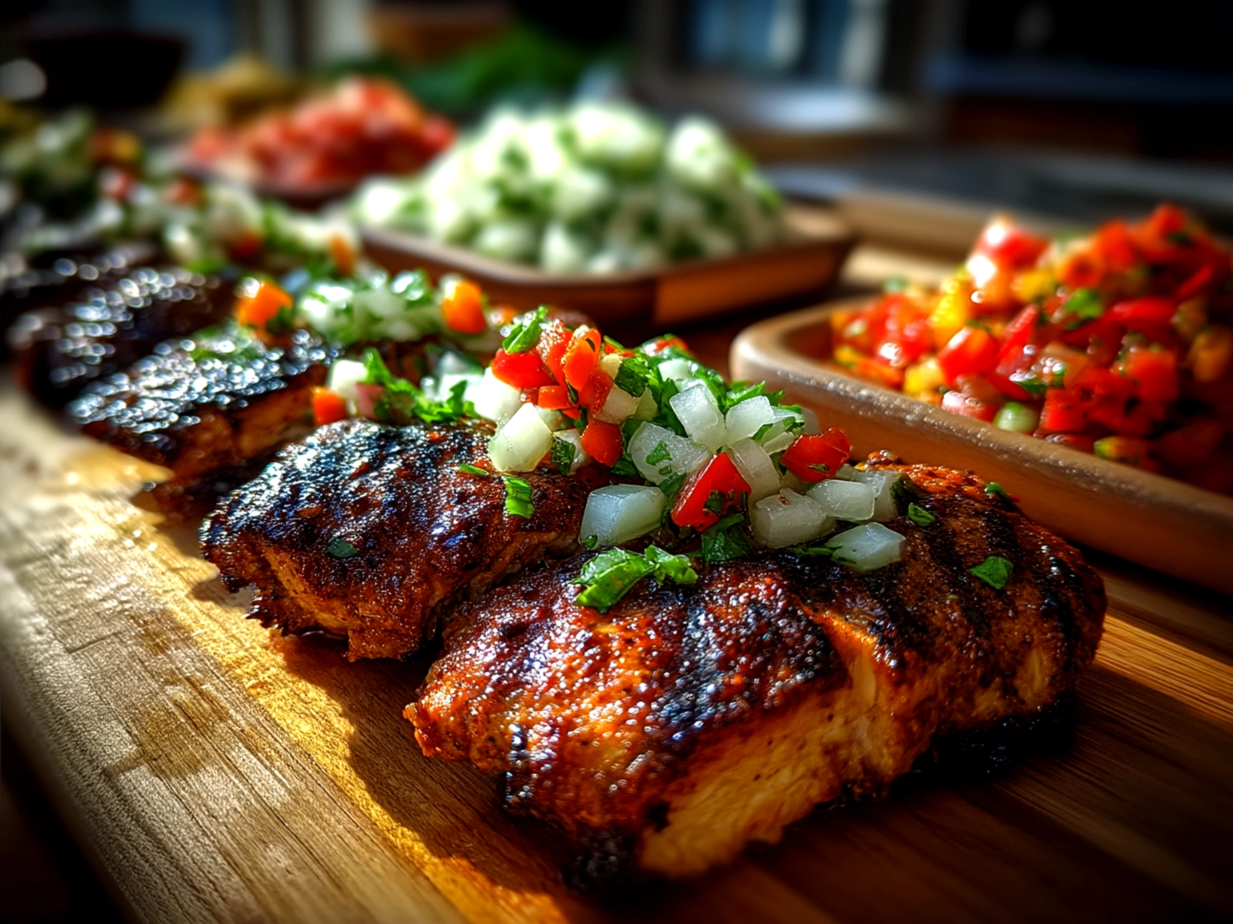 Final presentation of Grilled Chicken Toppings Bar with various toppings and grilled chicken