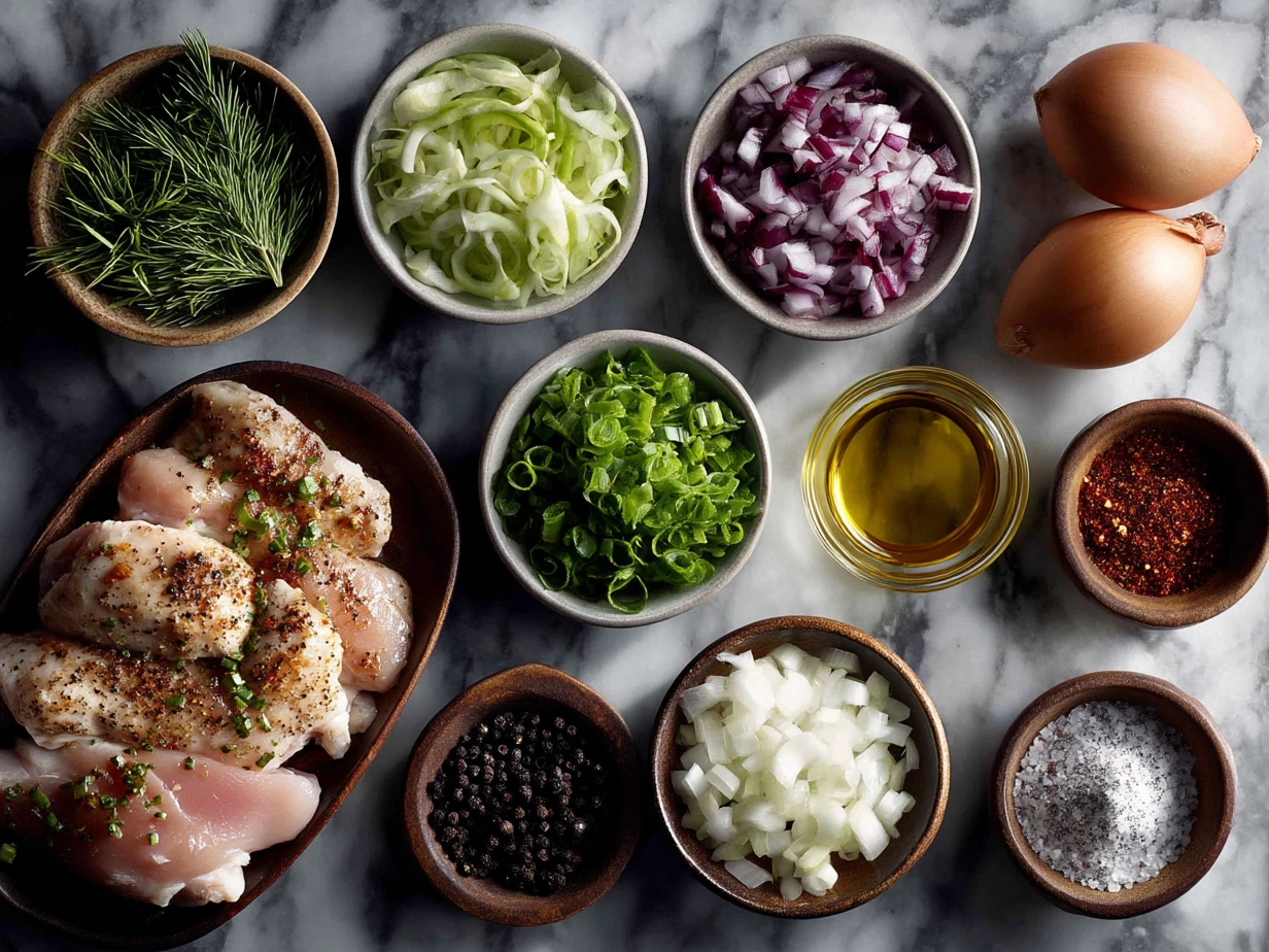 Ingredients array for Grilled Chicken Toppings Bar showing fresh vegetables, spices, and chicken