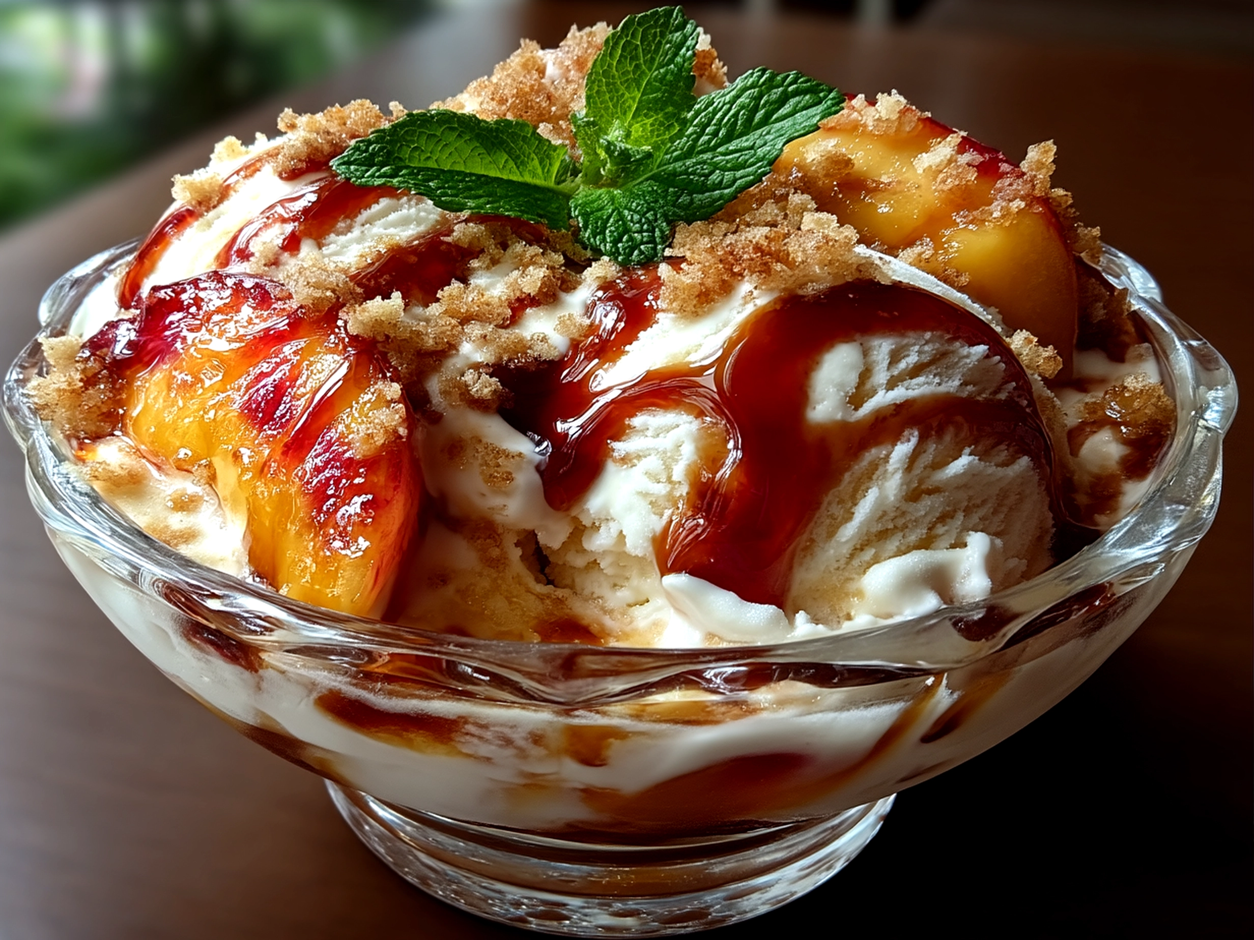 Serving suggestion of Grilled Peach Ice Cream Sundae