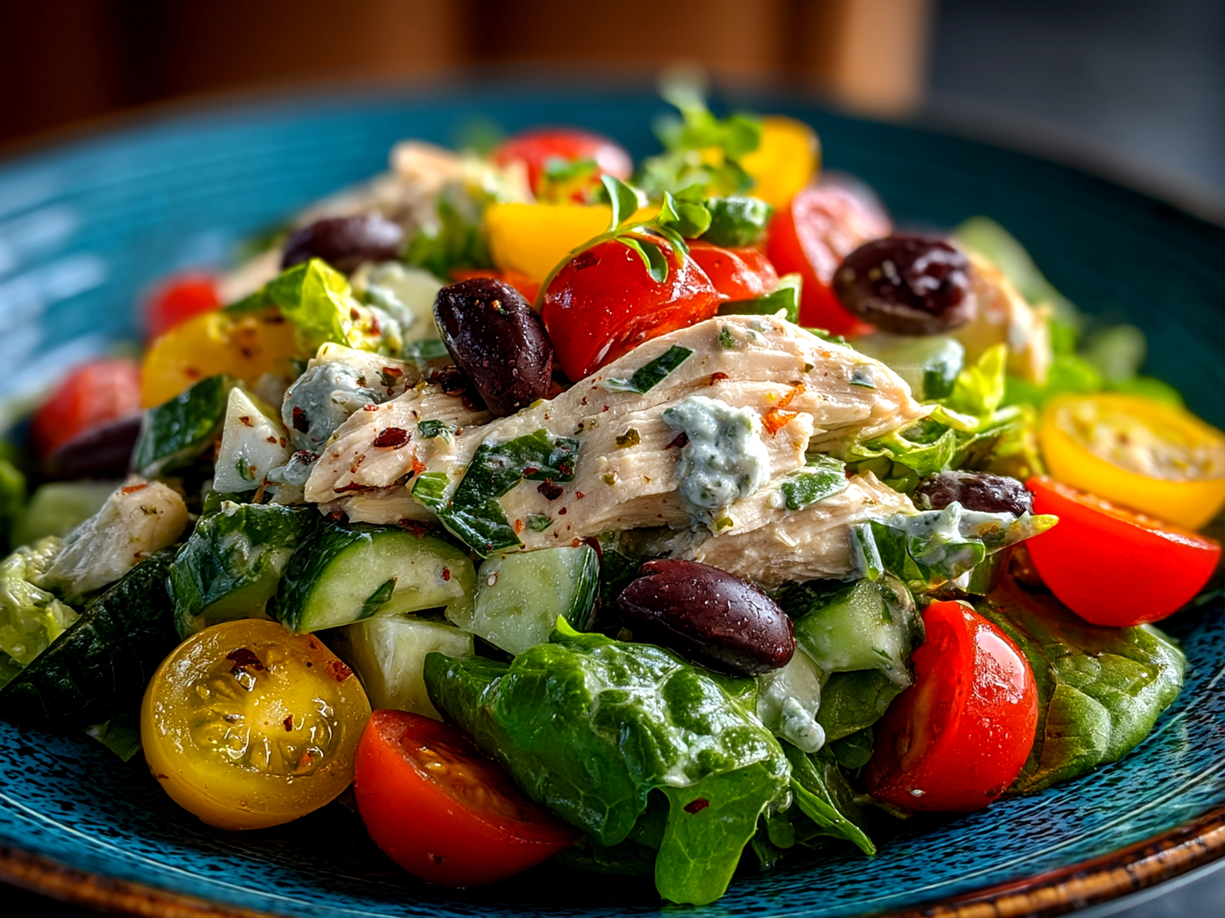 High protein chicken salad served on a plate with vibrant vegetables and herbs