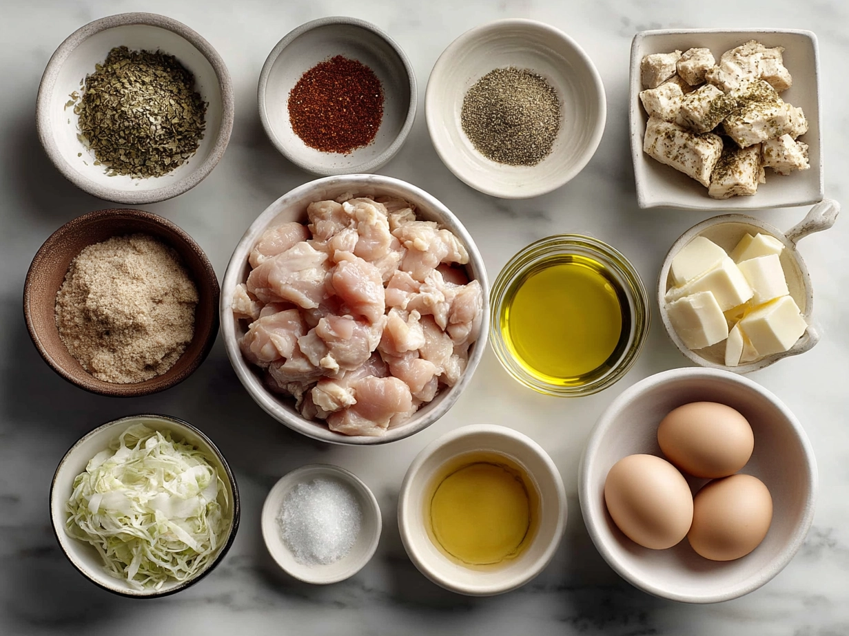 Ingredients laid out for high protein chicken salad including chicken breasts, quinoa, vegetables, and herbs