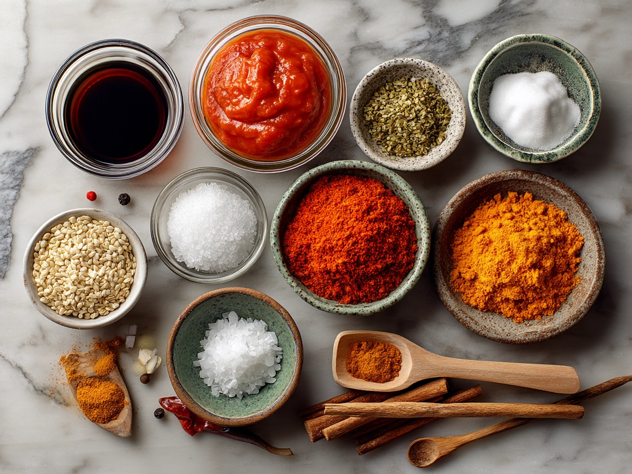 Ingredients for homemade spicy ketchup including tomatoes, spices, and garlic
