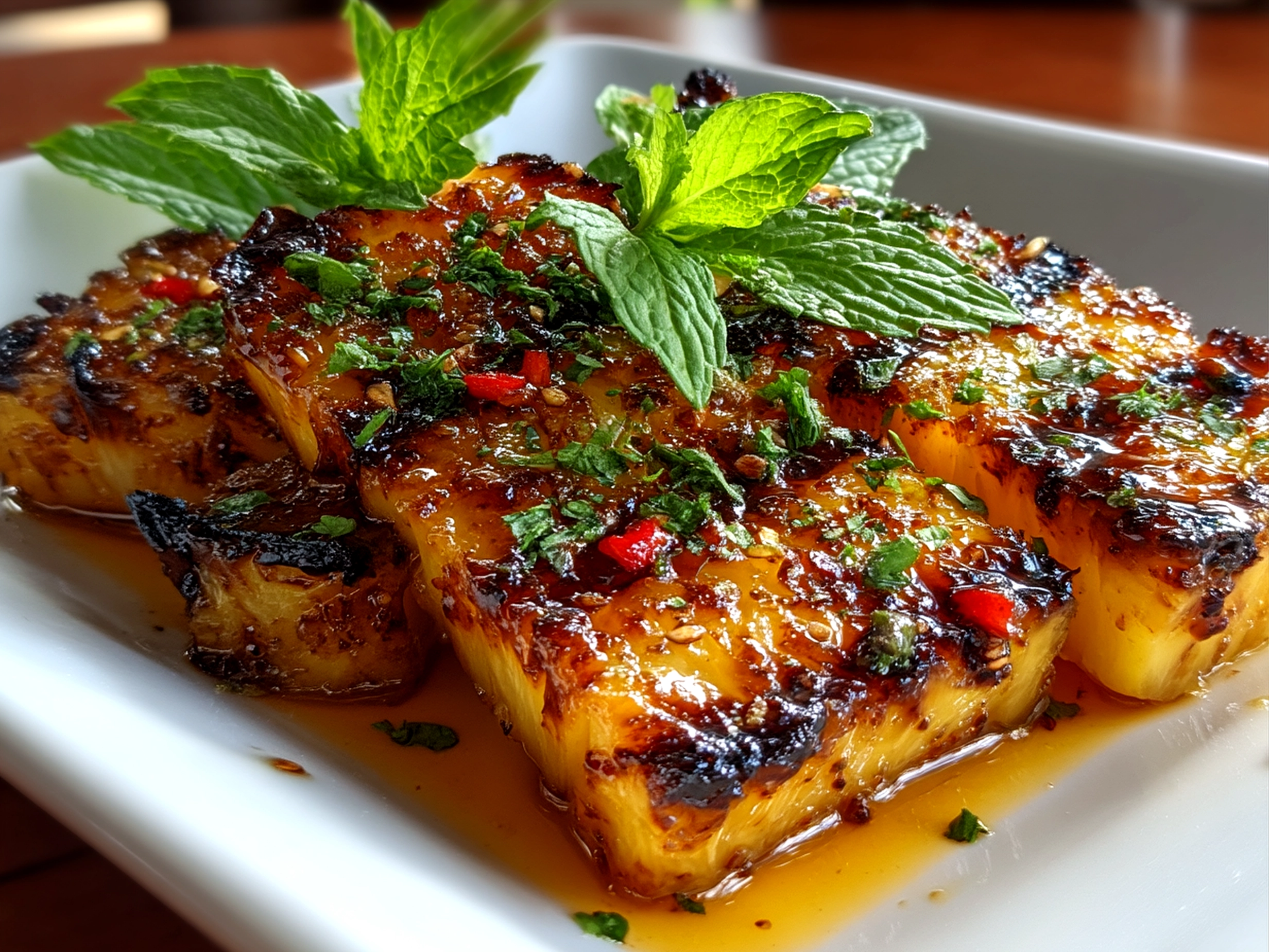 Honey Grilled Pineapple served with coconut yogurt on a plate garnished with mint and almonds