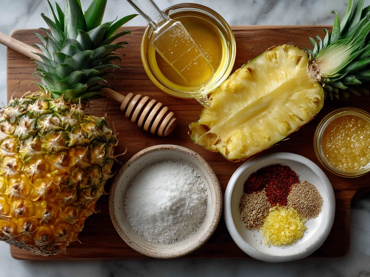 Ingredients for Honey Grilled Pineapple including fresh pineapple, honey, butter, cinnamon, lime, and sea salt