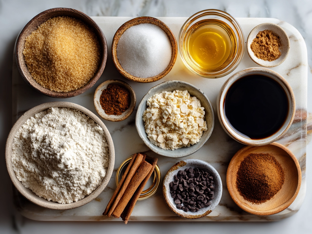 Ingredients for Iced Brown Sugar Oat Milk Latte including espresso, brown sugar, oat milk, ice, vanilla and spices