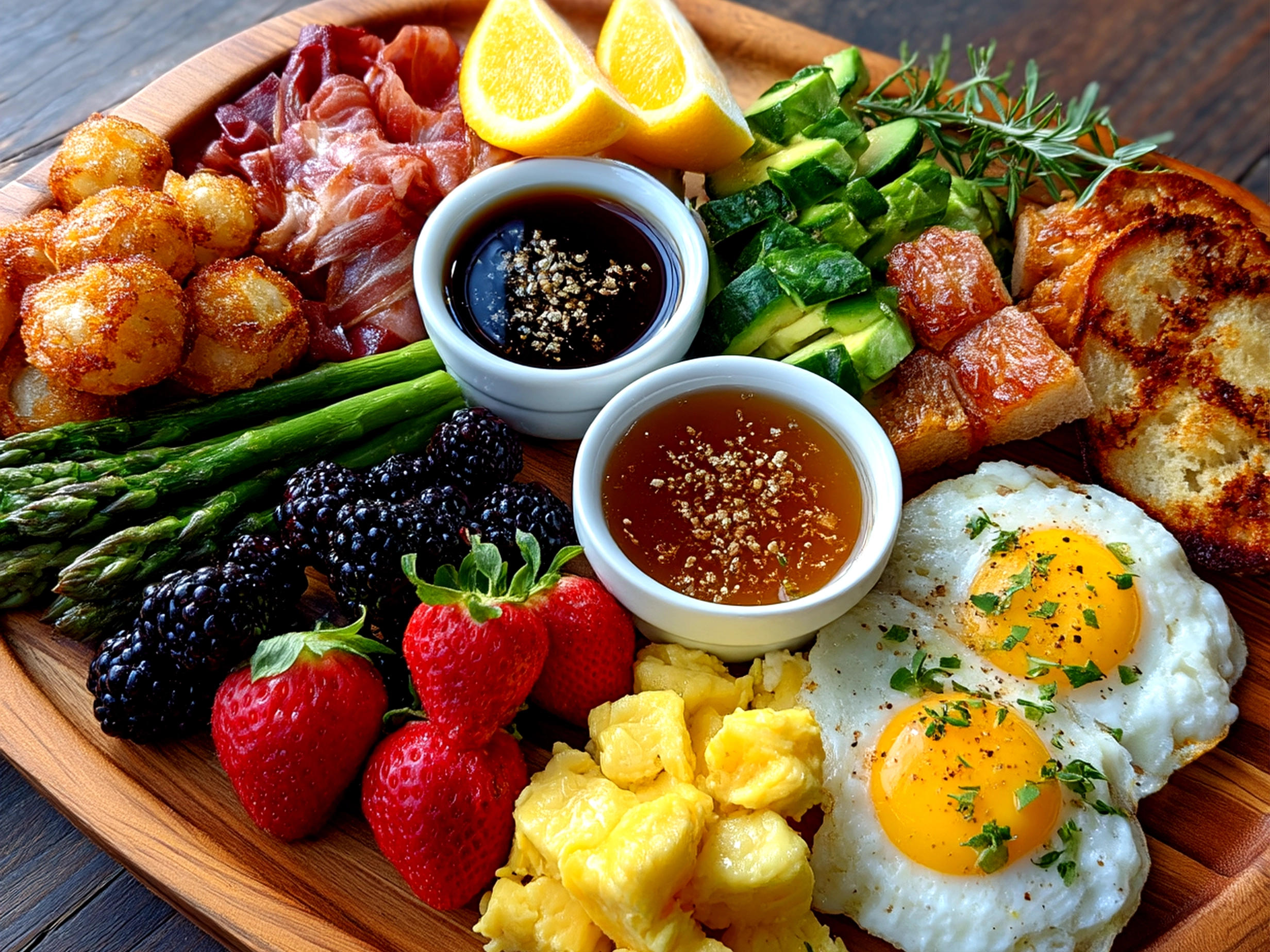 Beautifully arranged Kentucky Derby Brunch Board with biscuits, smoked ham, peaches, and fresh mint