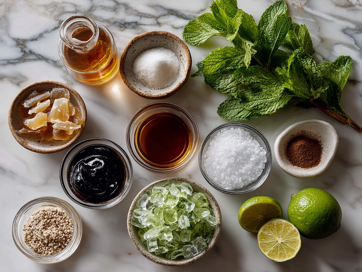 Ingredients for Kentucky Derby Mint Mocktail including fresh mint leaves, simple syrup, lemon juice, club soda, crushed ice, lemon wheel, and mint sprig