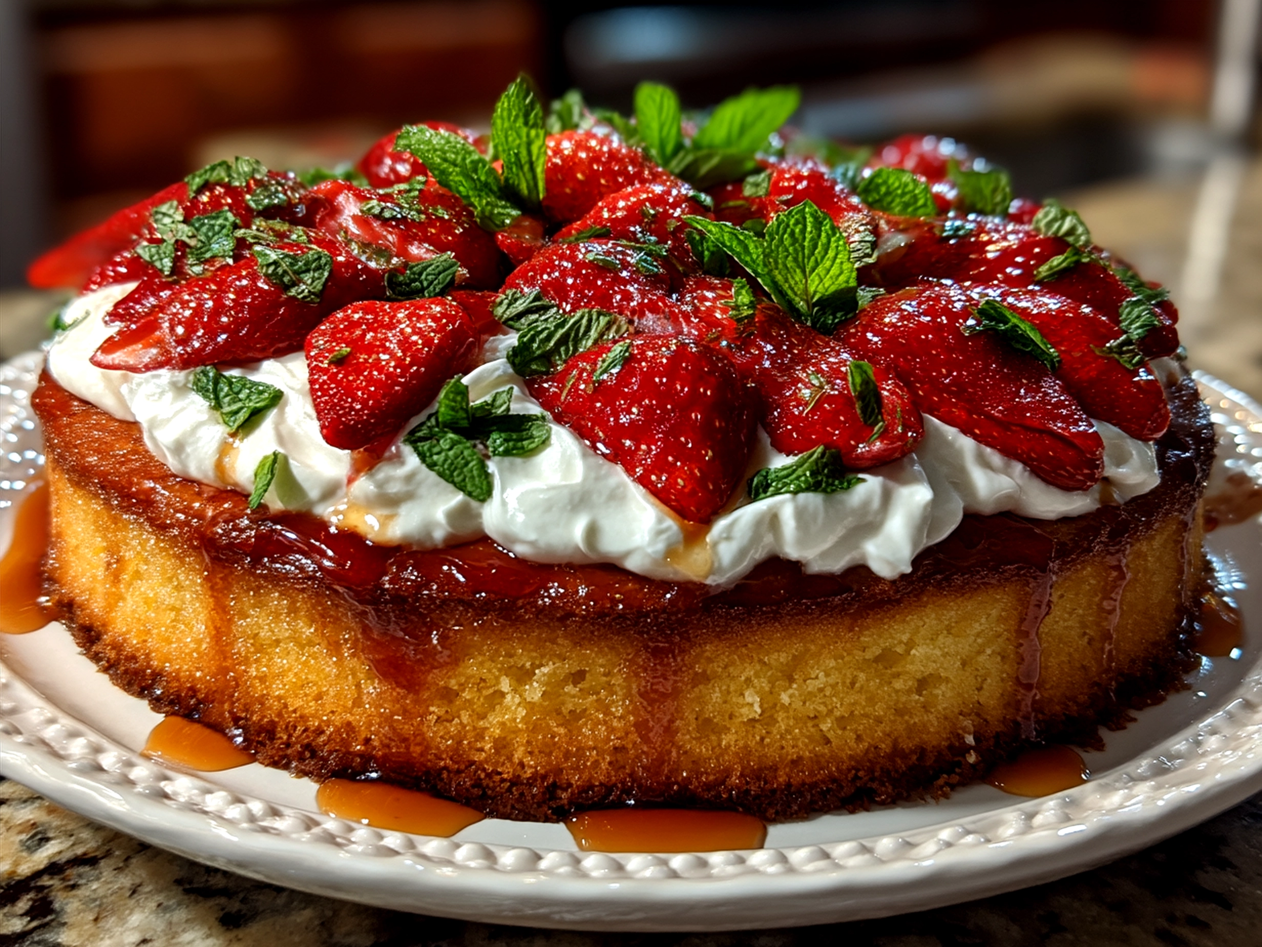 Kentucky Derby Strawberry Mint Cake decorated with fresh strawberries and mint sprigs